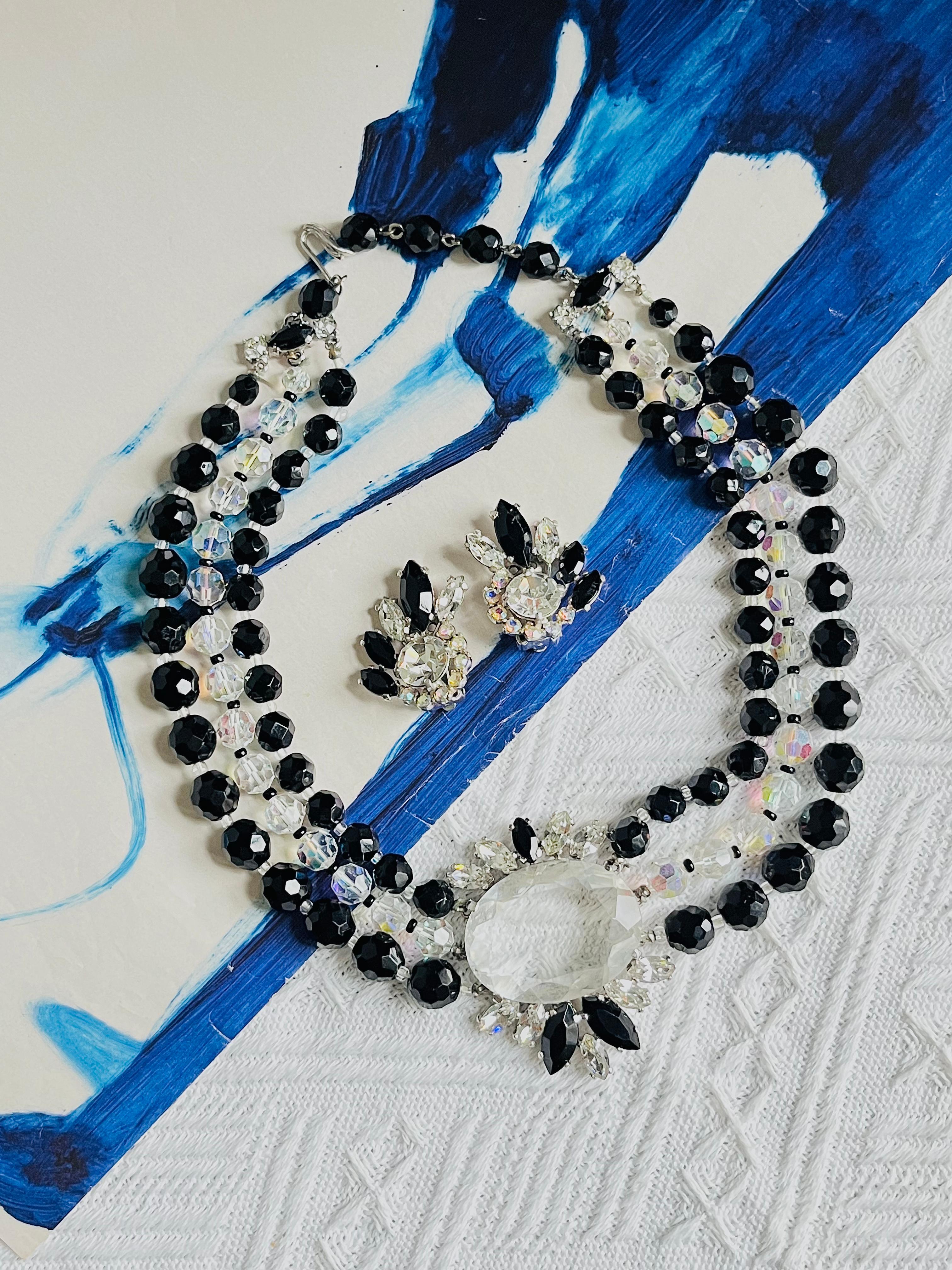Art Deco Schiaparelli Vintage 3 Trio Strands Black Beads Clear Crystals Iridescent Set For Sale