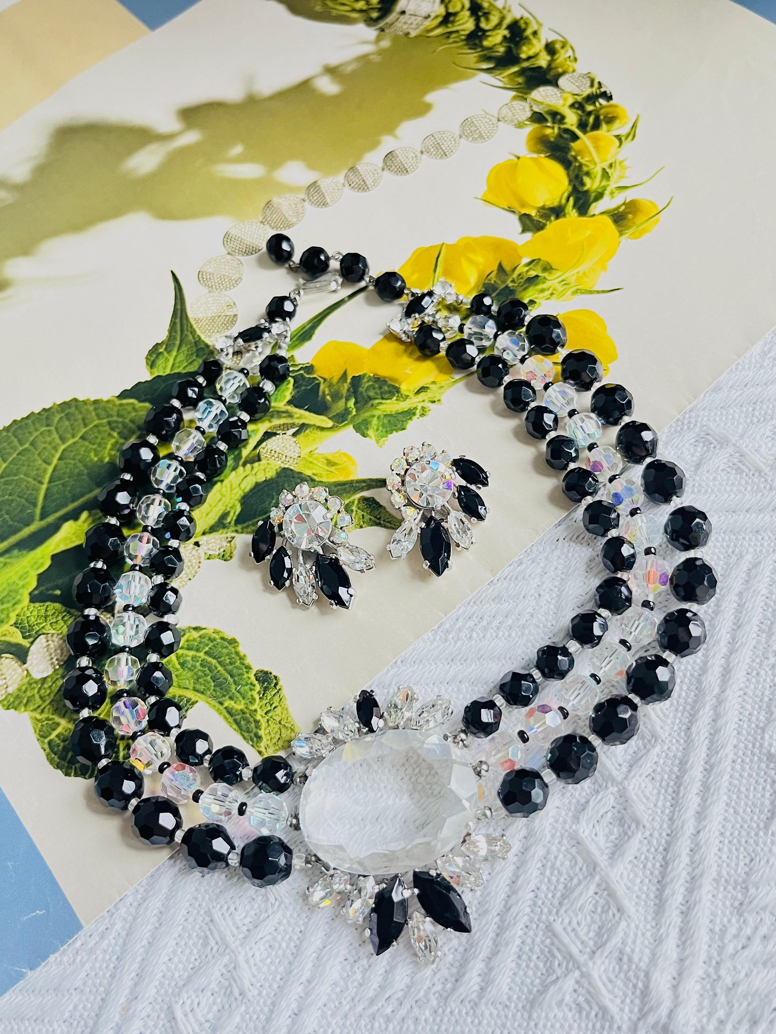 Women's or Men's Schiaparelli Vintage 3 Trio Strands Black Beads Clear Crystals Iridescent Set For Sale