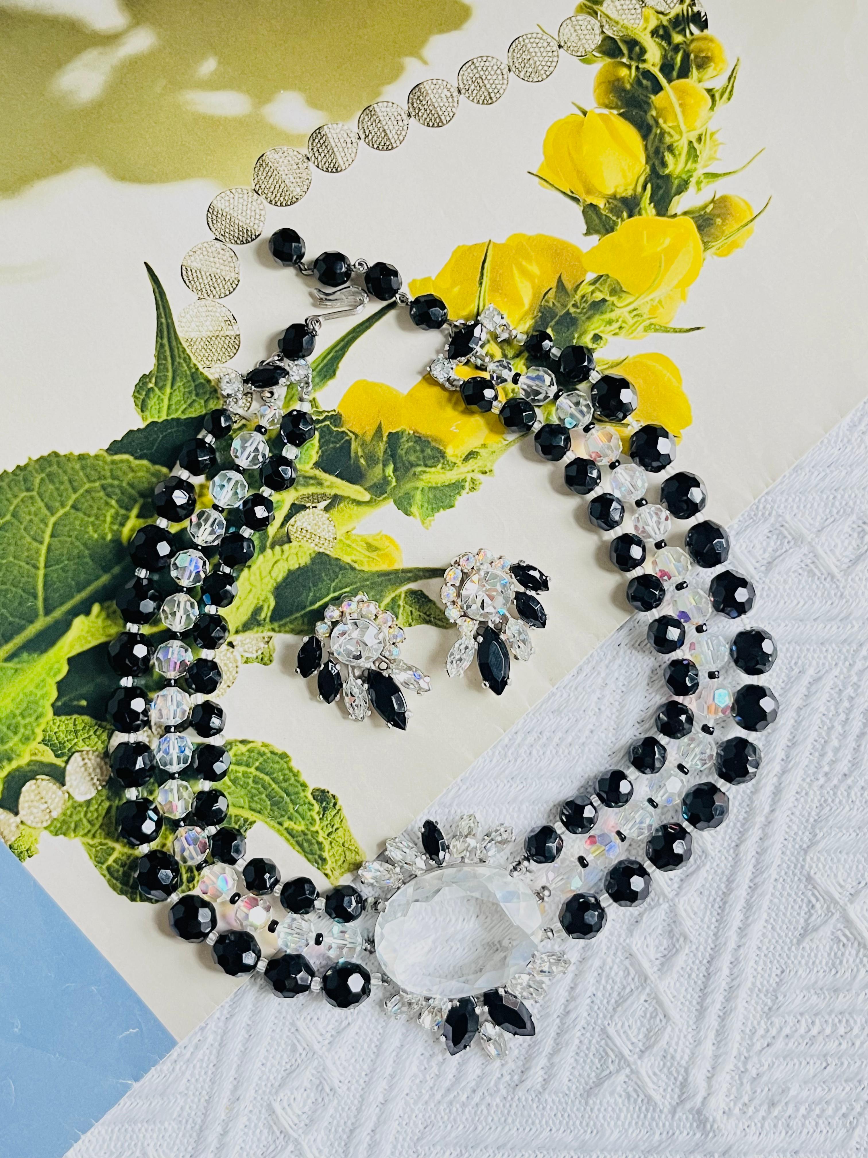 Schiaparelli Vintage 3 Trio Strands Black Beads Clear Crystals Iridescent Set For Sale 1
