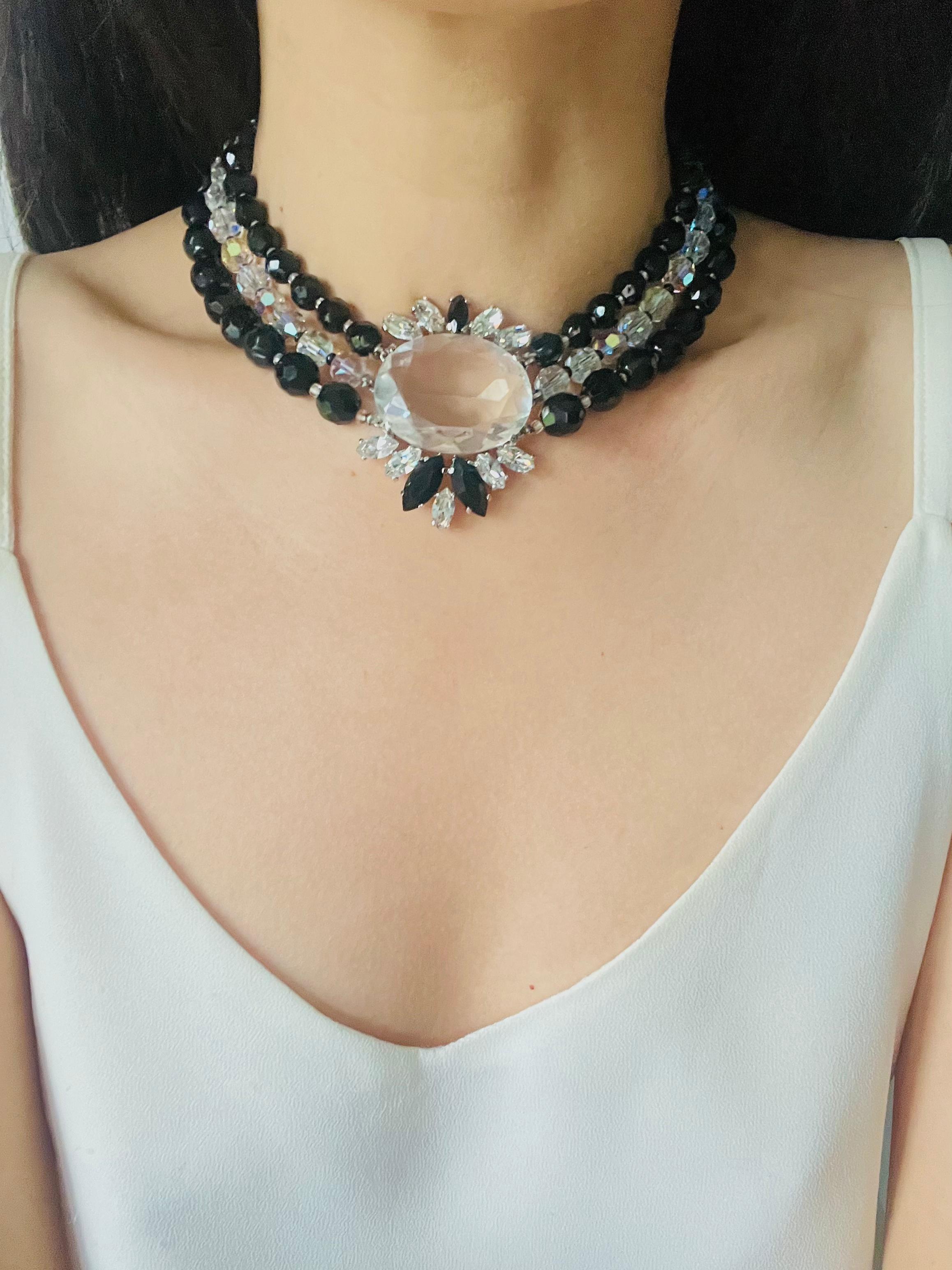 Schiaparelli Vintage 3 Trio Strands Black Beads Clear Crystals Iridescent Set For Sale 2