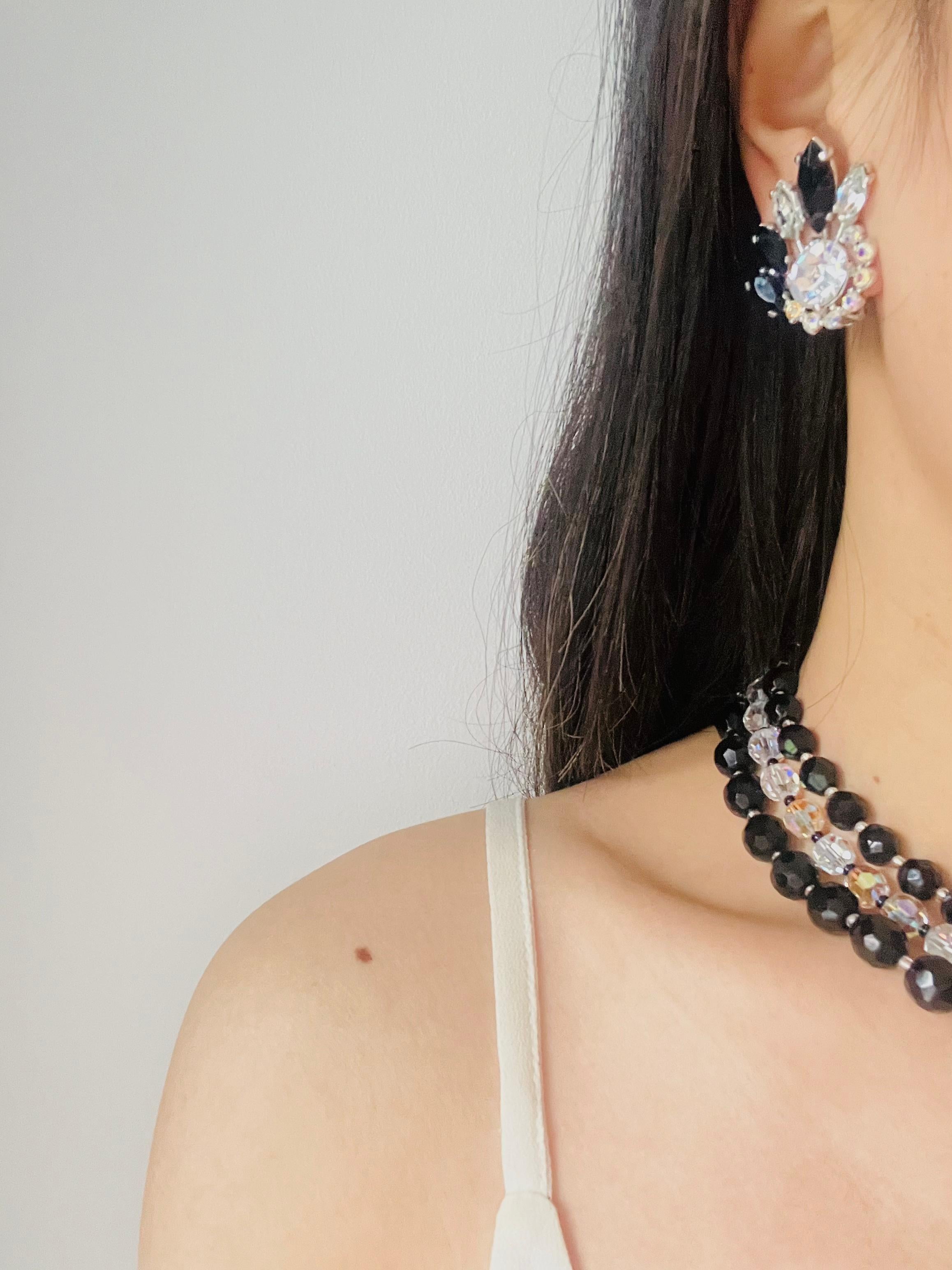 Schiaparelli Vintage 3 Trio Strands Black Beads Clear Crystals Iridescent Set For Sale 3