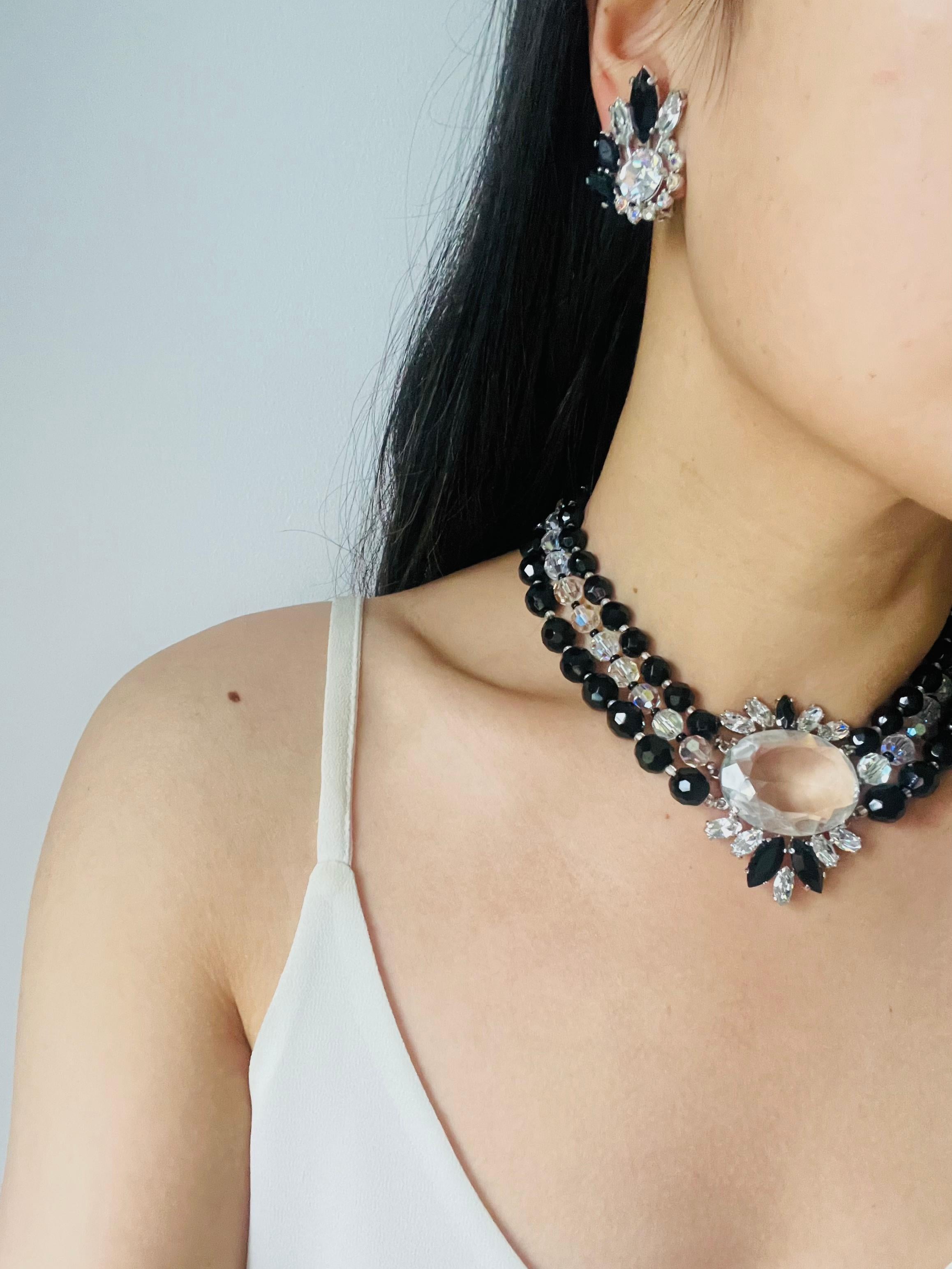 Schiaparelli Vintage 3 Trio Strands Black Beads Clear Crystals Iridescent Set For Sale 4