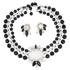 Schiaparelli Vintage 3 Fili Trio Perline Nere Cristalli Chiari Iridescenti Set
