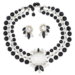 Schiaparelli Vintage 3 Trio Strands Black Beads Clear Crystals Iridescent Set