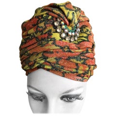 Vintage Schiapparelli Tall Metallic Floral Turban with Crescent Jewel Accent