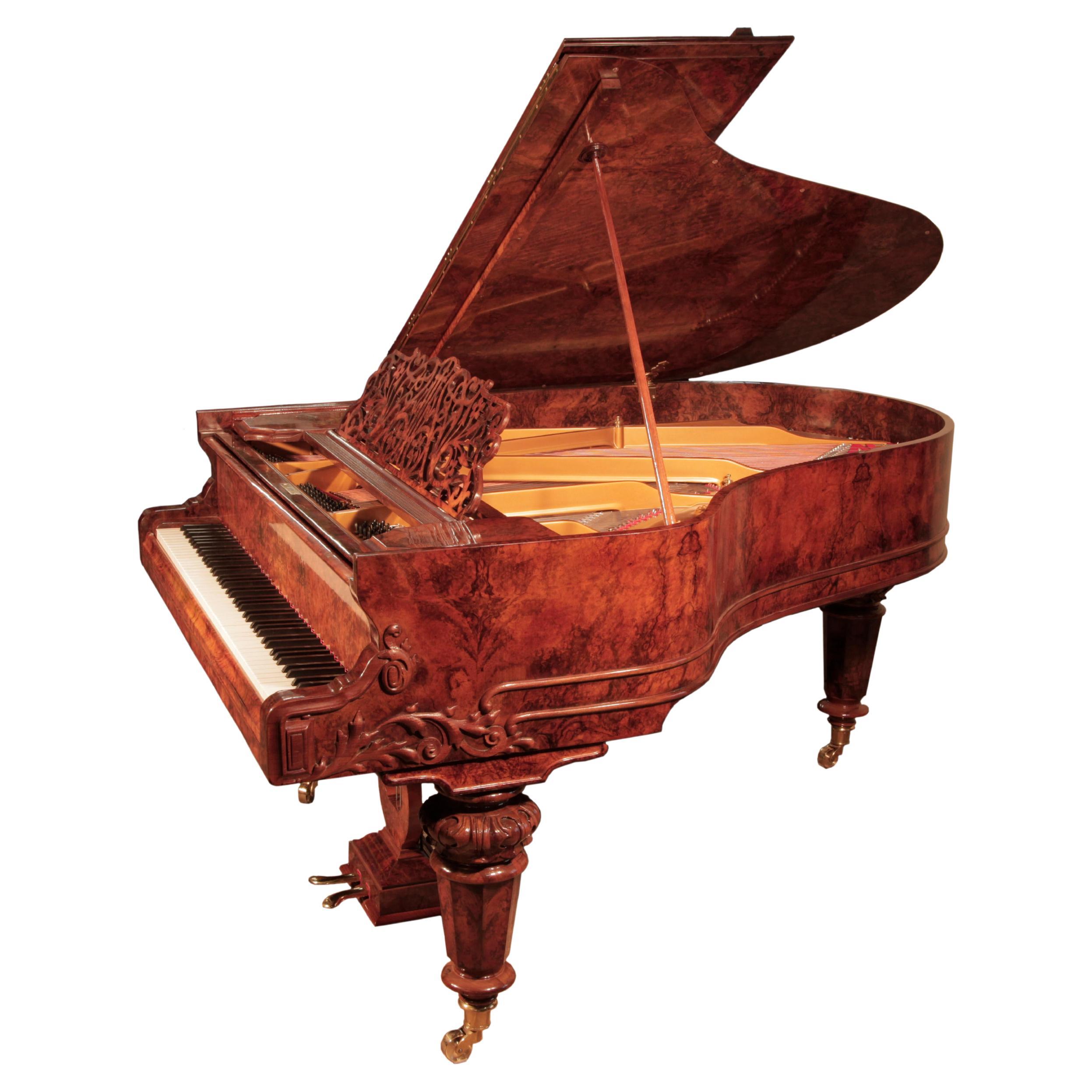 Schiedmayer Grand Piano Walnut Carved Cheeks Filigree Music Desk Faceted Legs For Sale