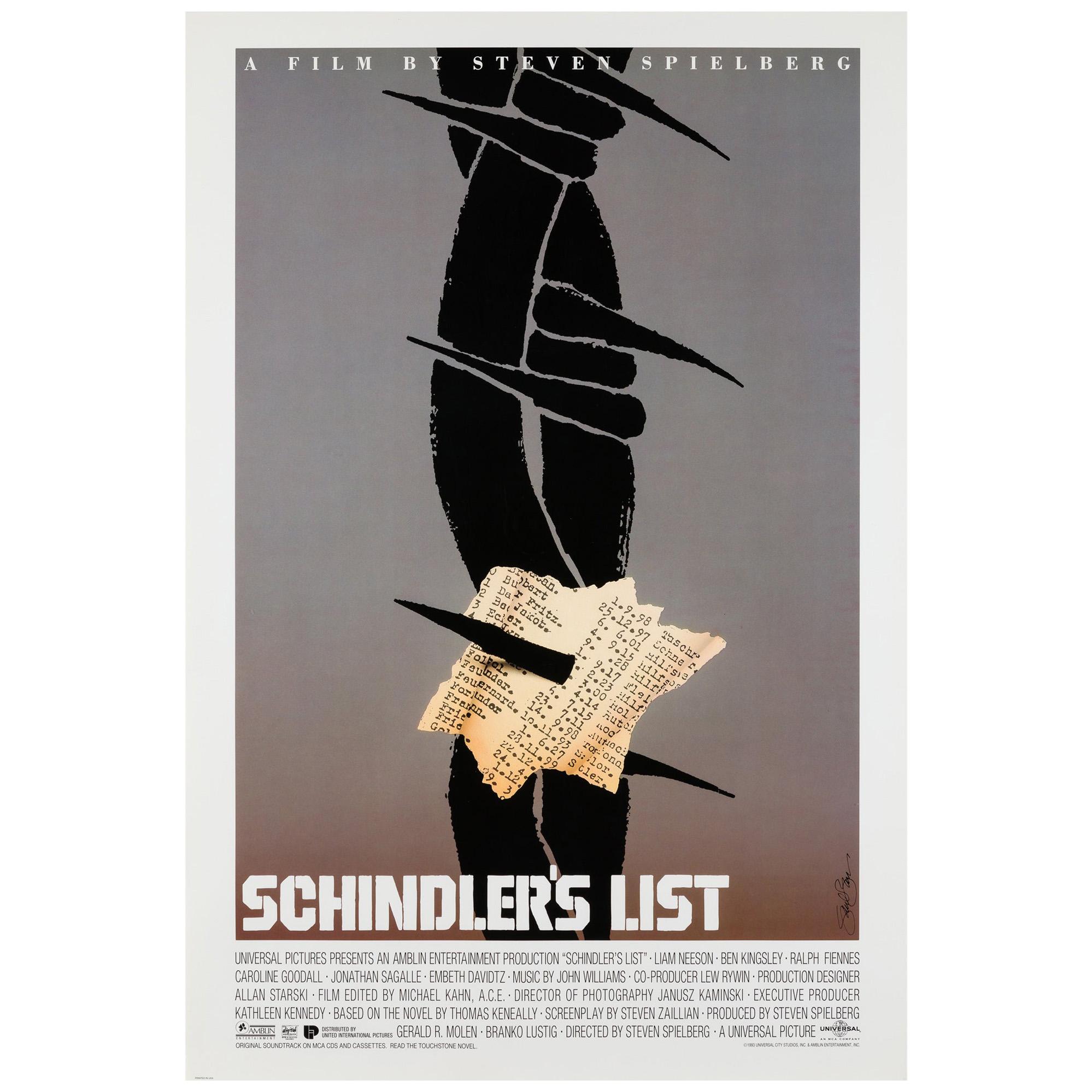 Schindler's List Original US Film Poster, Saul Bass, 1993