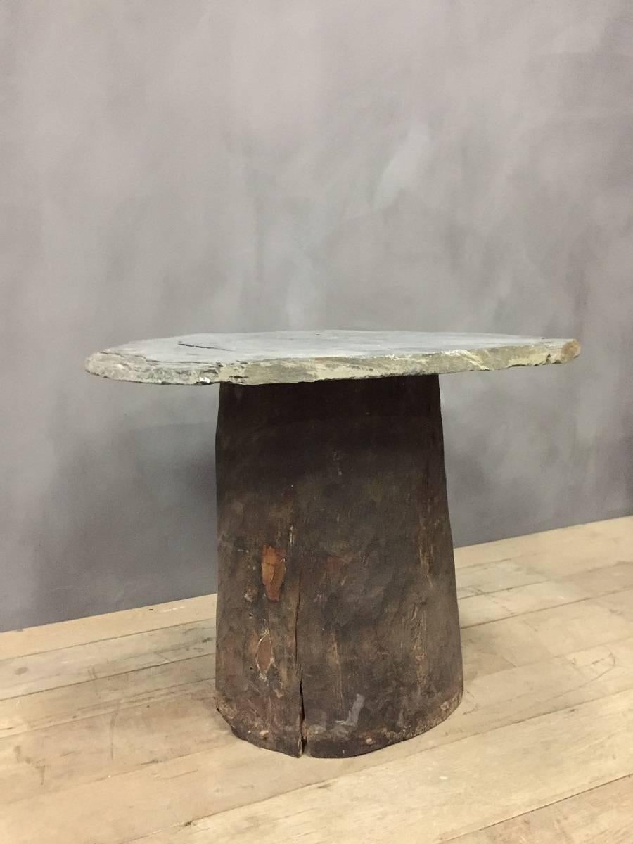 Hand-Crafted Schist Table on Chestnut Beehive Base