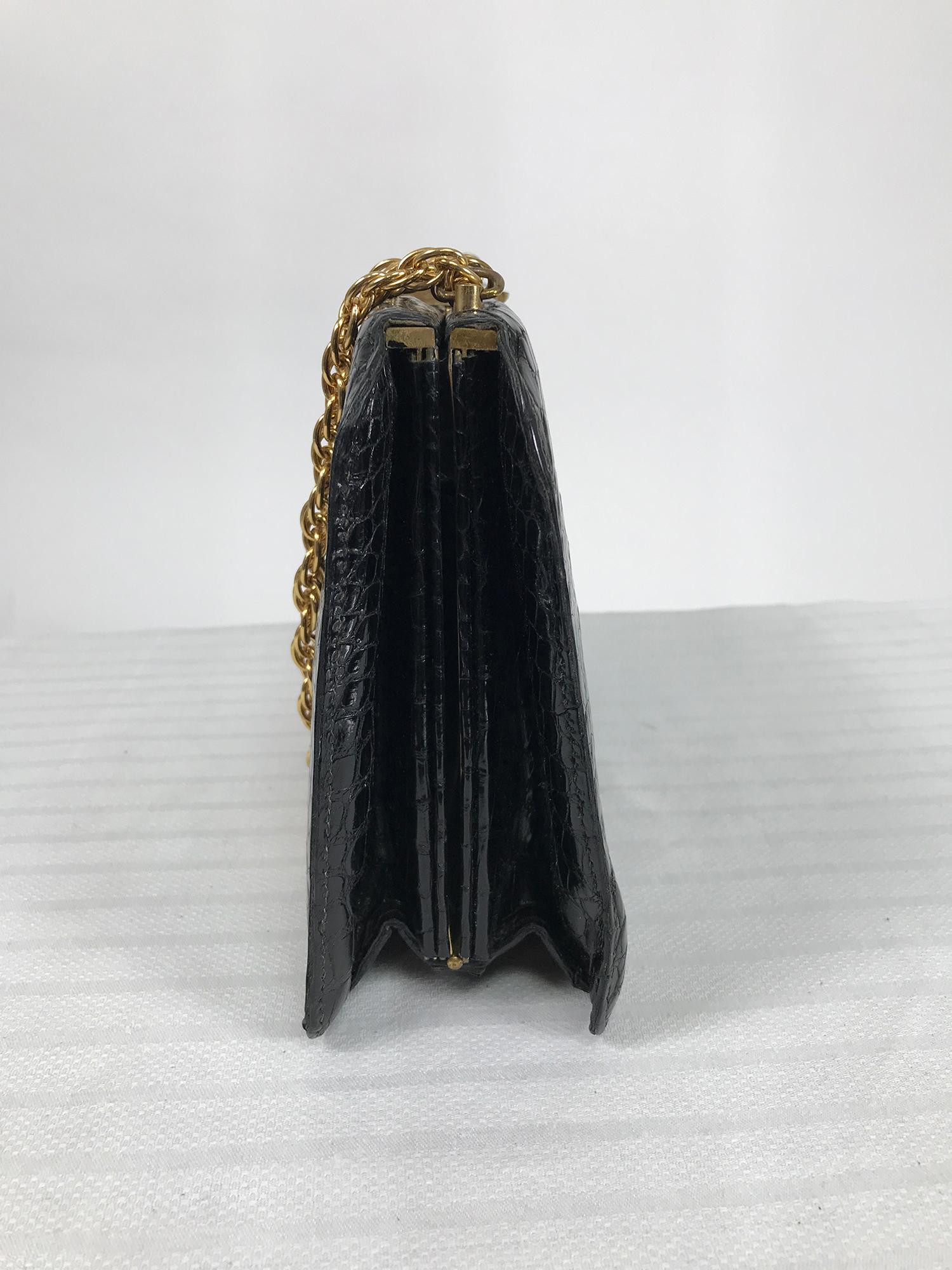 Schitz Paris Rare Black Crocodile Handbag with Gold Hardware 1953.  In Good Condition For Sale In West Palm Beach, FL
