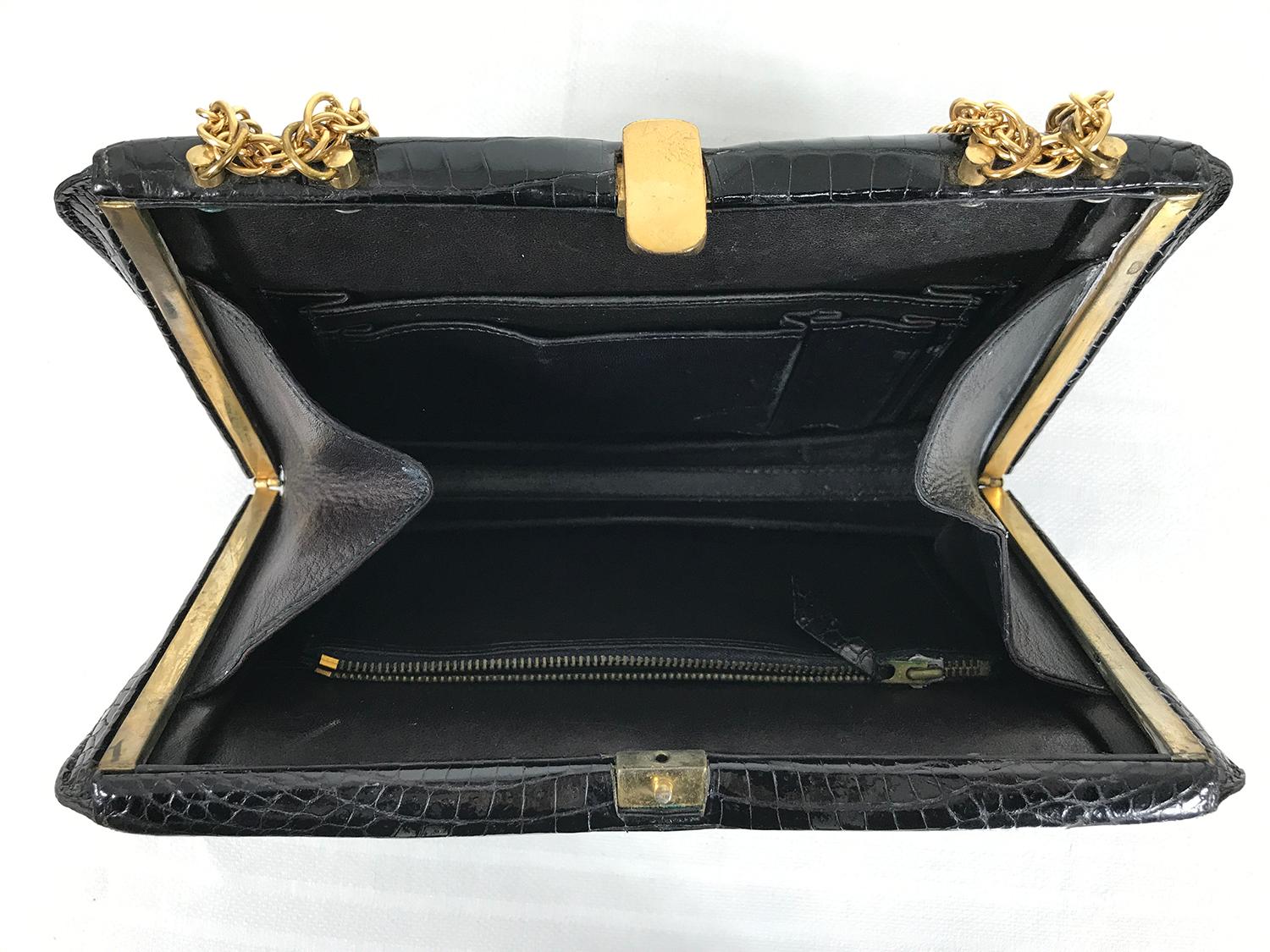 Schitz Paris Rare Black Crocodile Handbag with Gold Hardware 1953.  For Sale 1