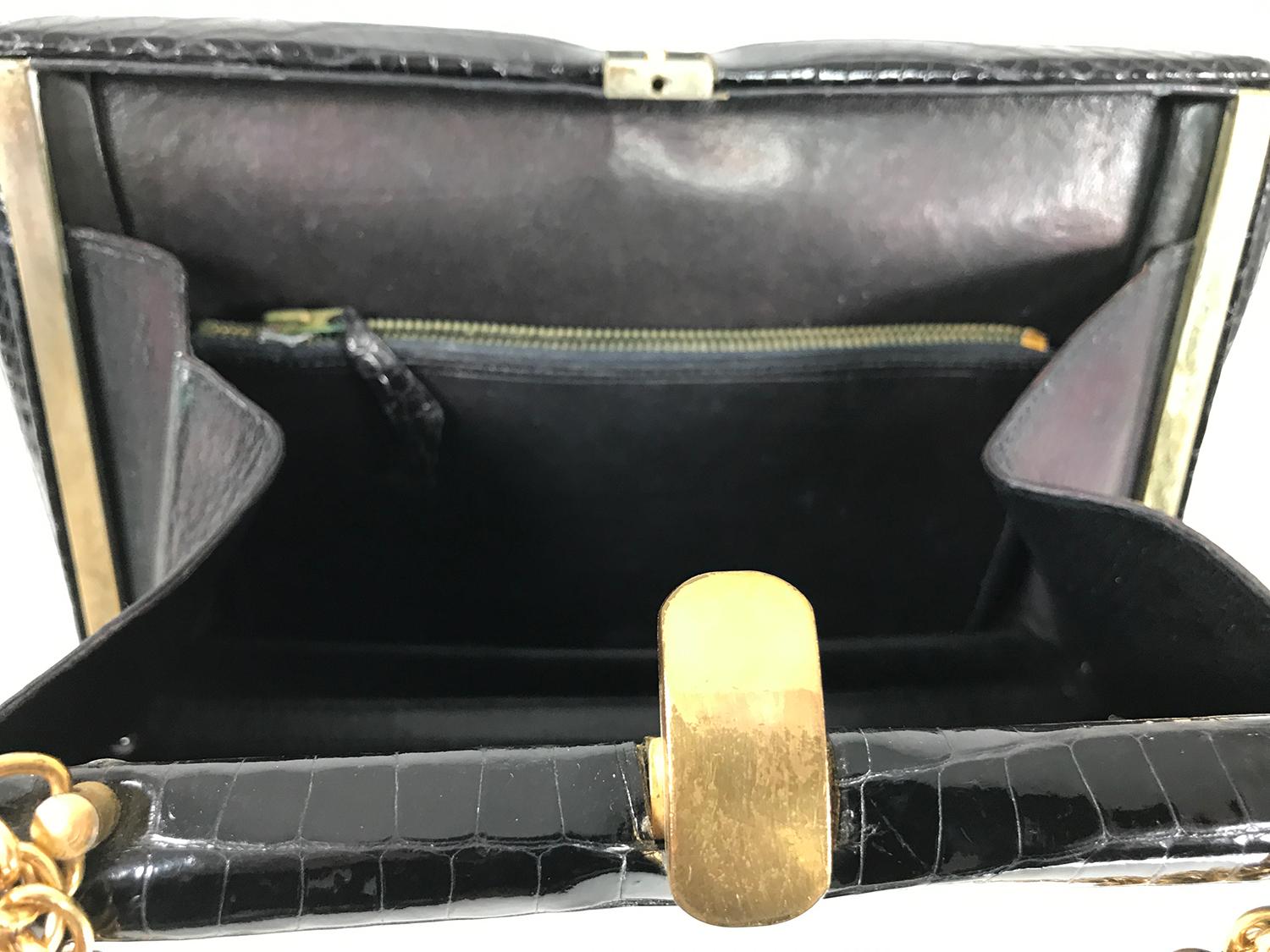 Schitz Paris Rare Black Crocodile Handbag with Gold Hardware 1953.  For Sale 2