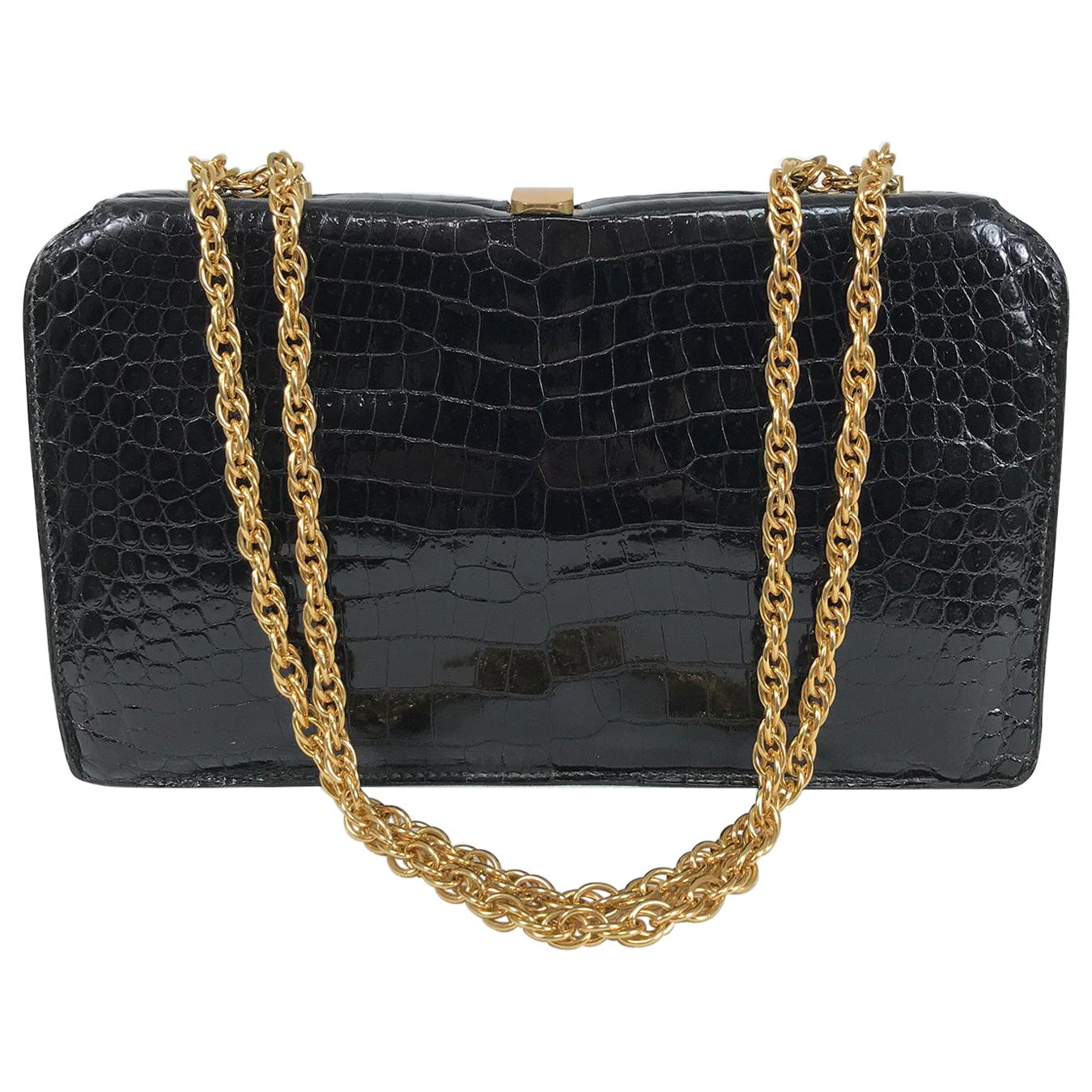 Schitz Paris Rare Black Crocodile Handbag with Gold Hardware 1953.  For Sale