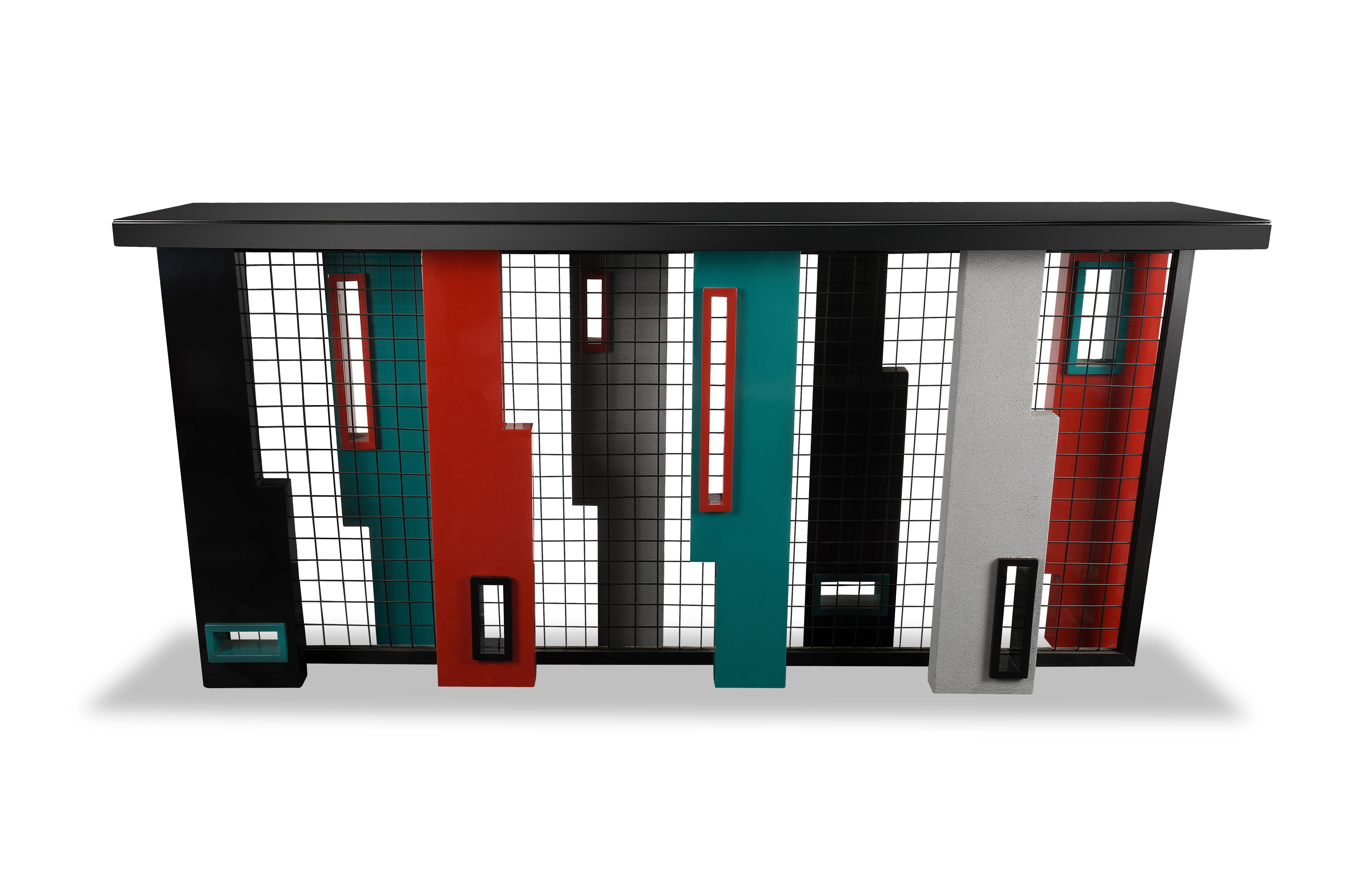 Modern SCHITZO- High Gloss Colored Lacquered Wood, Black Painted Metal and Back Console For Sale
