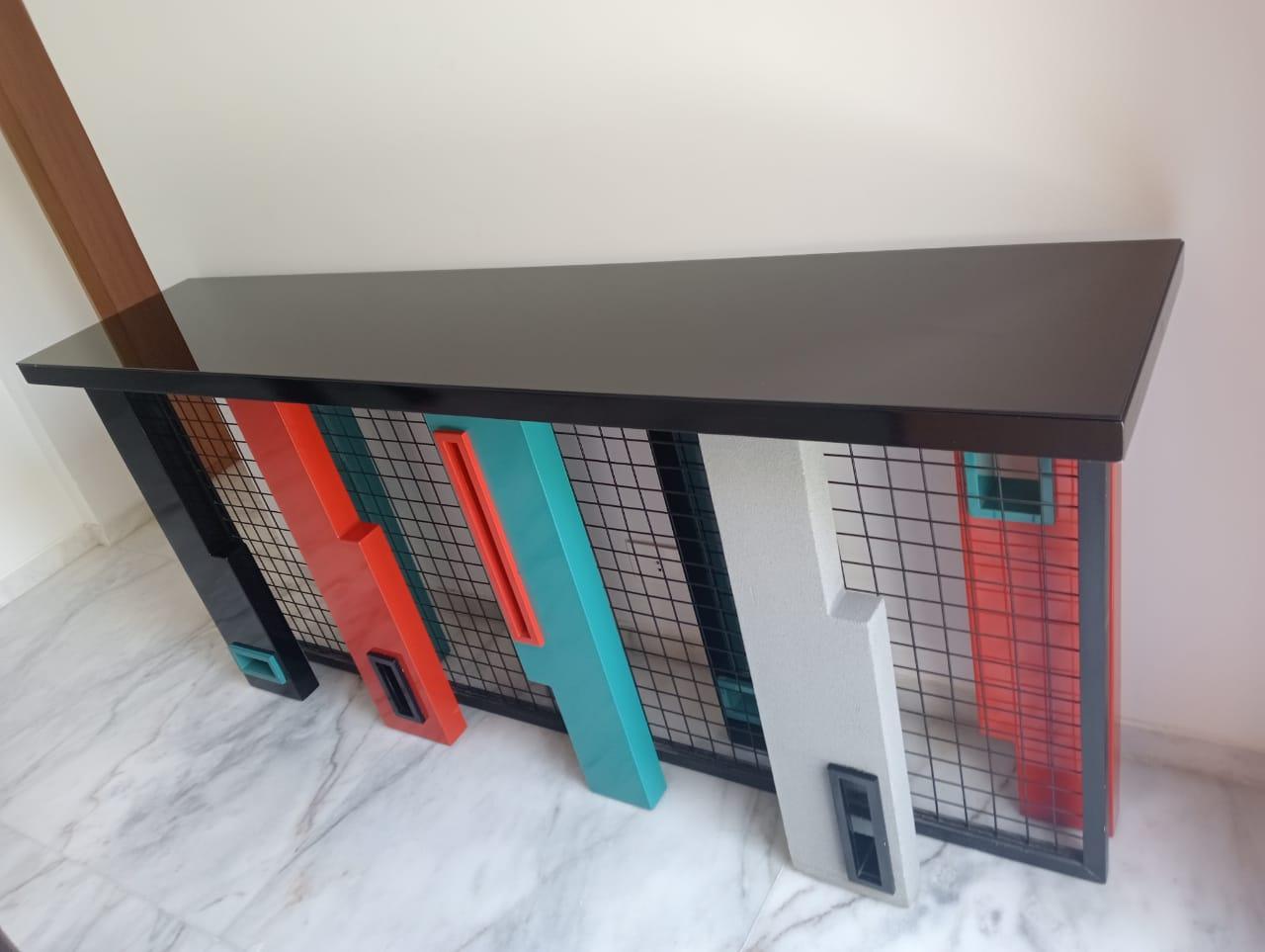 Egyptian SCHITZO- High Gloss Colored Lacquered Wood, Black Painted Metal and Back Console For Sale