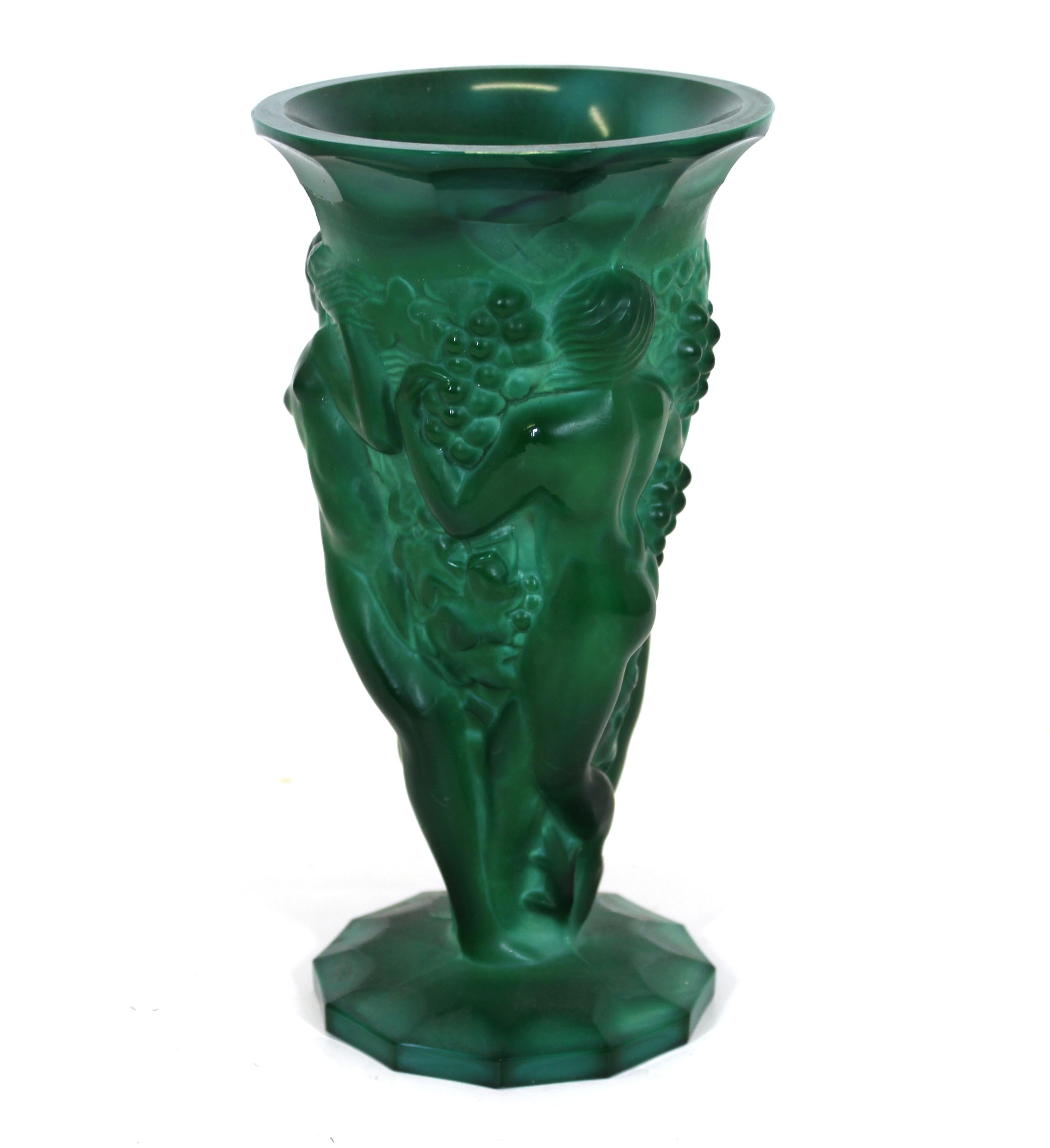 Curt Schlevogt Czech Art Deco 'Grape Harvest' green malachite pressed glass vase, 1930s, unmarked. Measures: 8.75