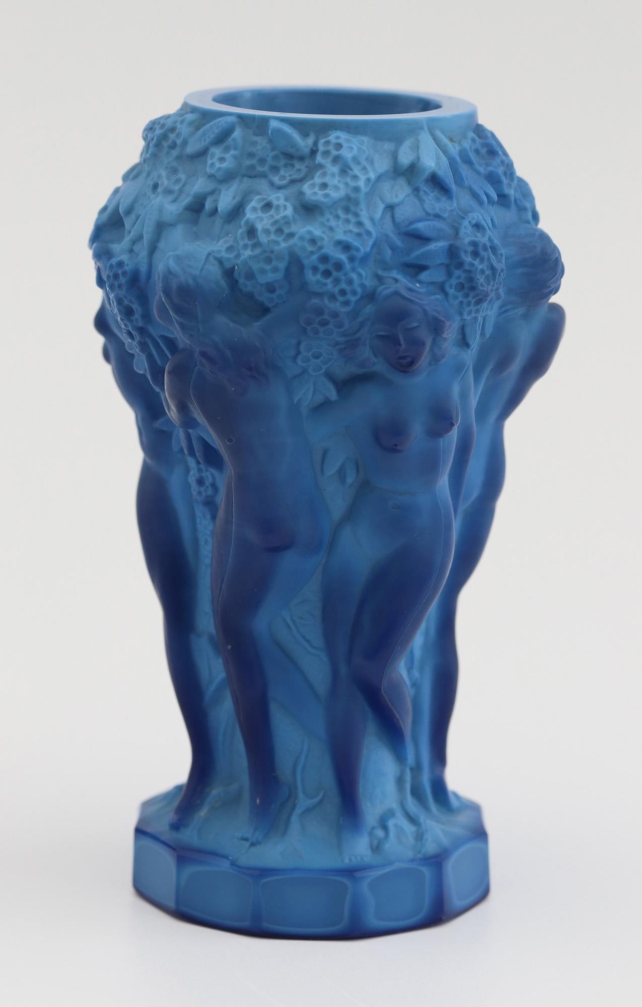 Schlevogt Czech Art Deco Blue Art Glass Ingrid Series Nudes Vase 2