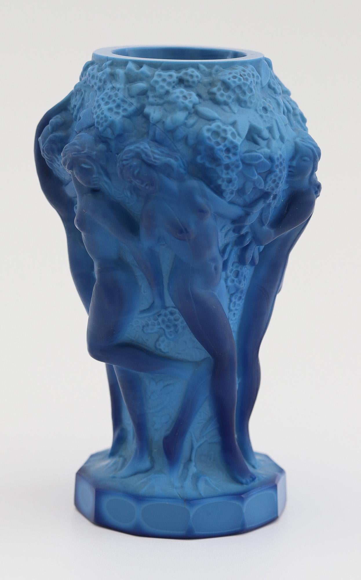 Schlevogt Czech Art Deco Blue Art Glass Ingrid Series Nudes Vase 1