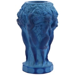 Schlevogt Czech Art Deco Blue Art Glass Ingrid Series Nudes Vase