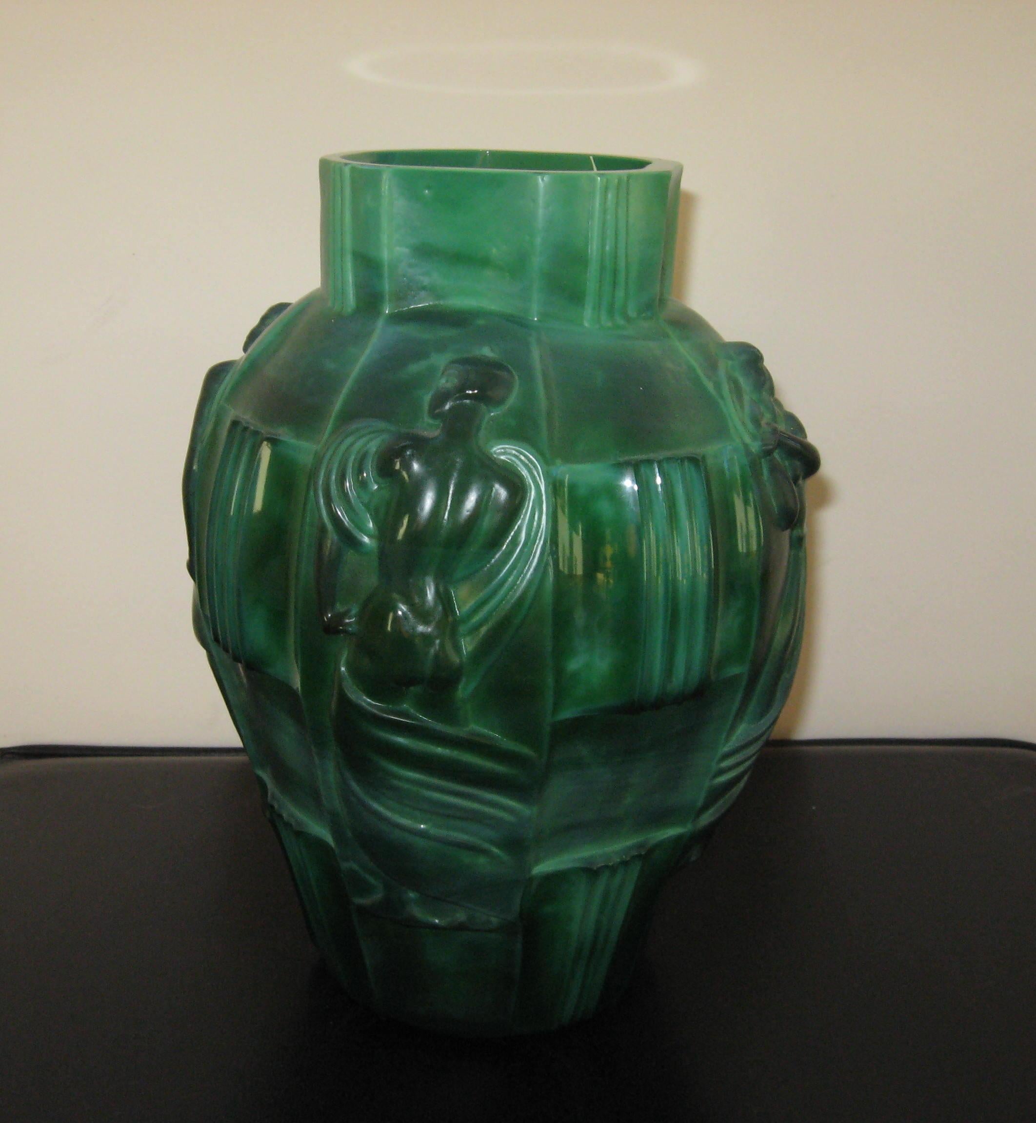 Mid-20th Century Schlevogt Pair of Moser “Ingrid” Malachite Glass Vases, circa 1930s