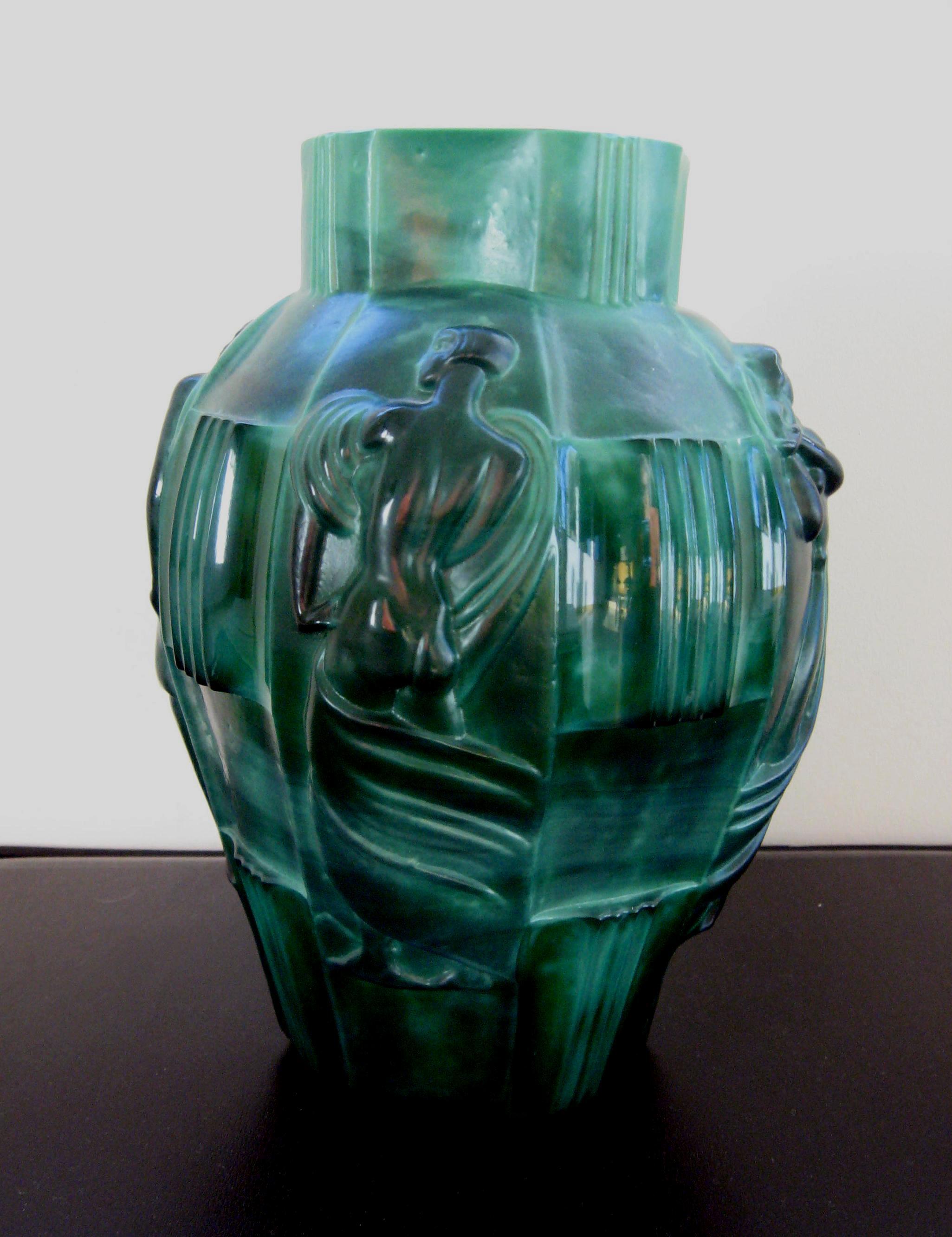 Schlevogt Pair of Moser “Ingrid” Malachite Glass Vases, circa 1930s 1