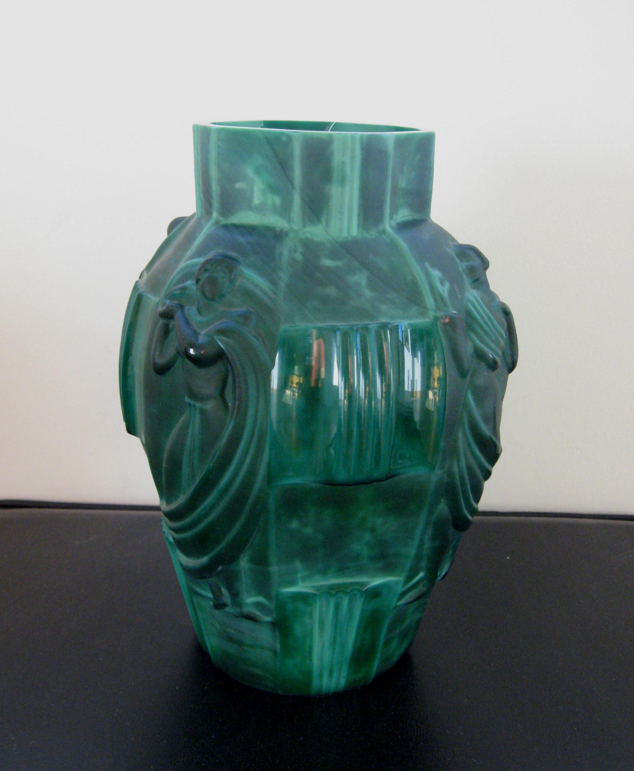 Schlevogt Pair of Moser “Ingrid” Malachite Glass Vases, circa 1930s 2
