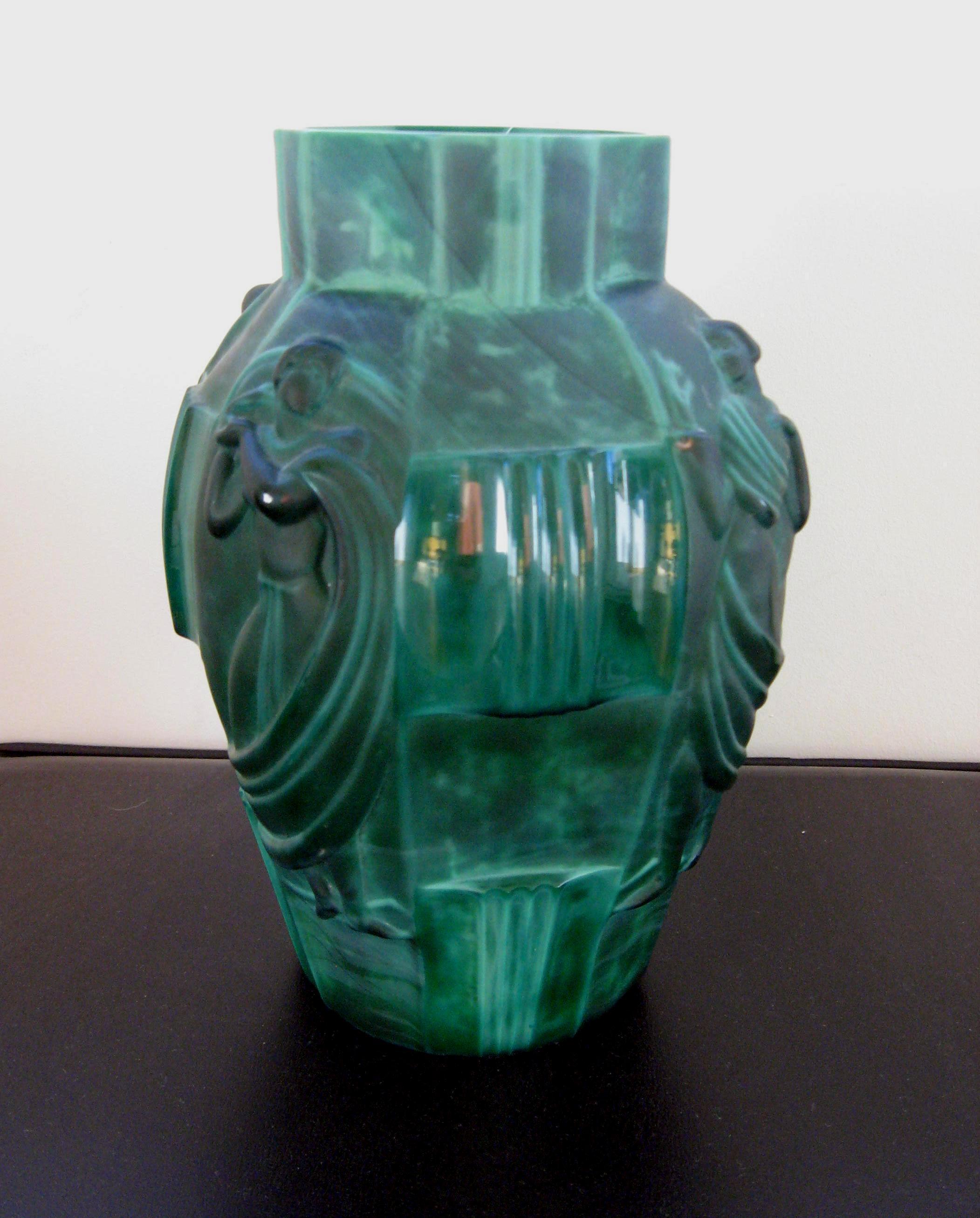 Schlevogt Pair of Moser “Ingrid” Malachite Glass Vases, circa 1930s 3