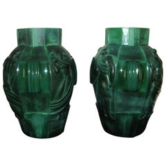 Schlevogt Pair of Moser “Ingrid” Malachite Glass Vases, circa 1930s