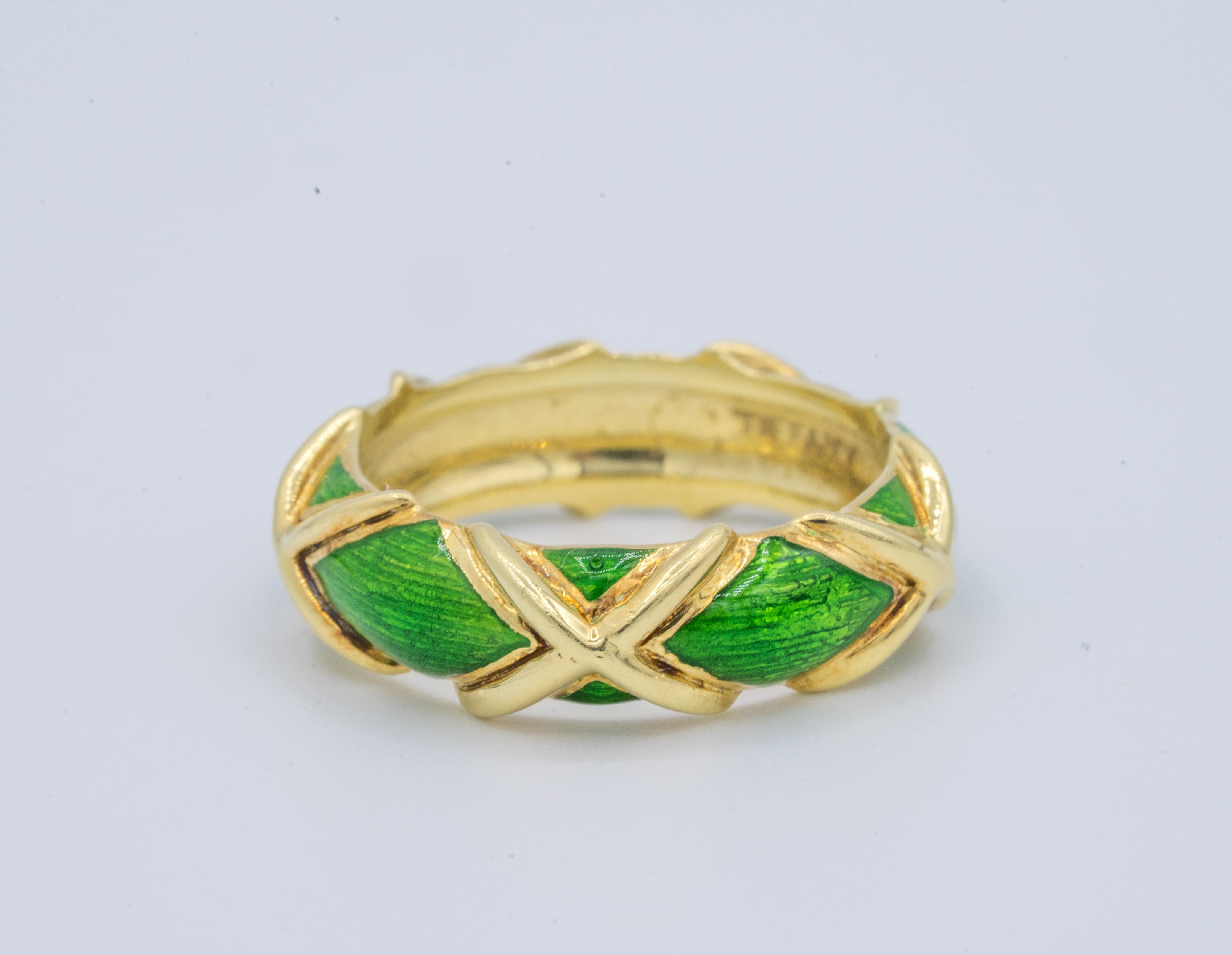 Schlumberger for Tiffany & Co. 18k Gold 'X' and Green Enamel Design, circa 1960s 1