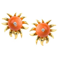 Schlumberger for Tiffany & Co Coral Bead and Diamond Flower Earclips, 18 Karat
