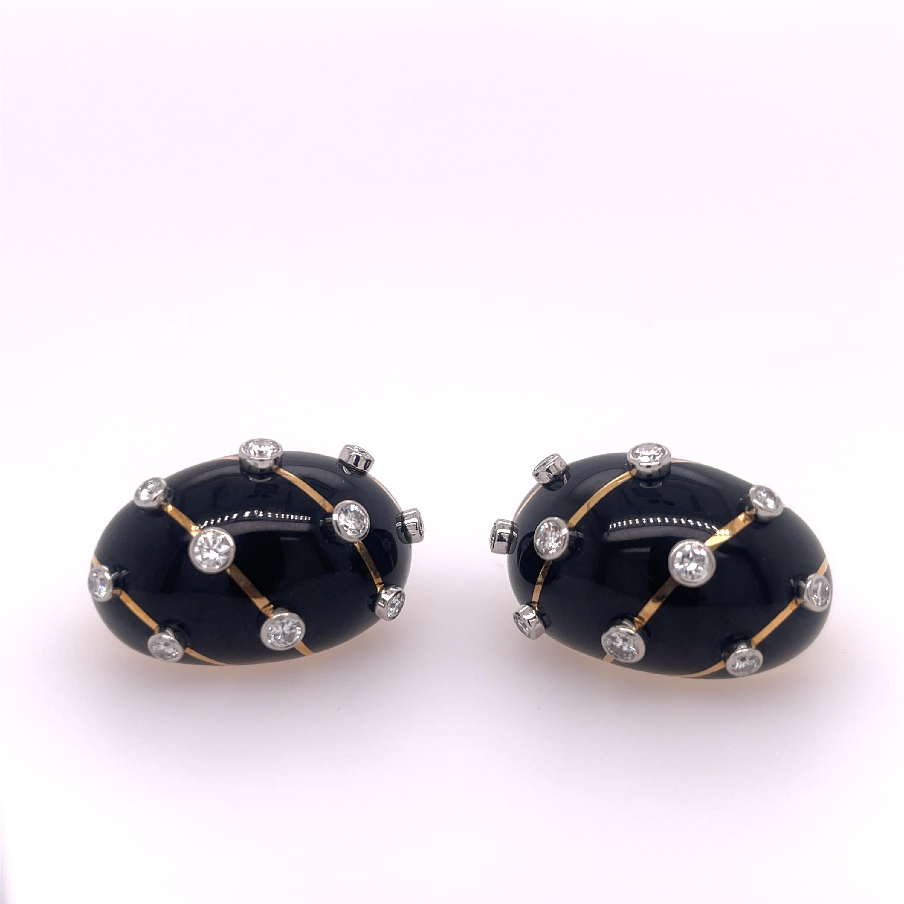 Schlumberger for Tiffany & Co. Diamond and Black Enamel Earrings. Stamped France AU750 PT950 Tiffany & Co Schlumberger STD.