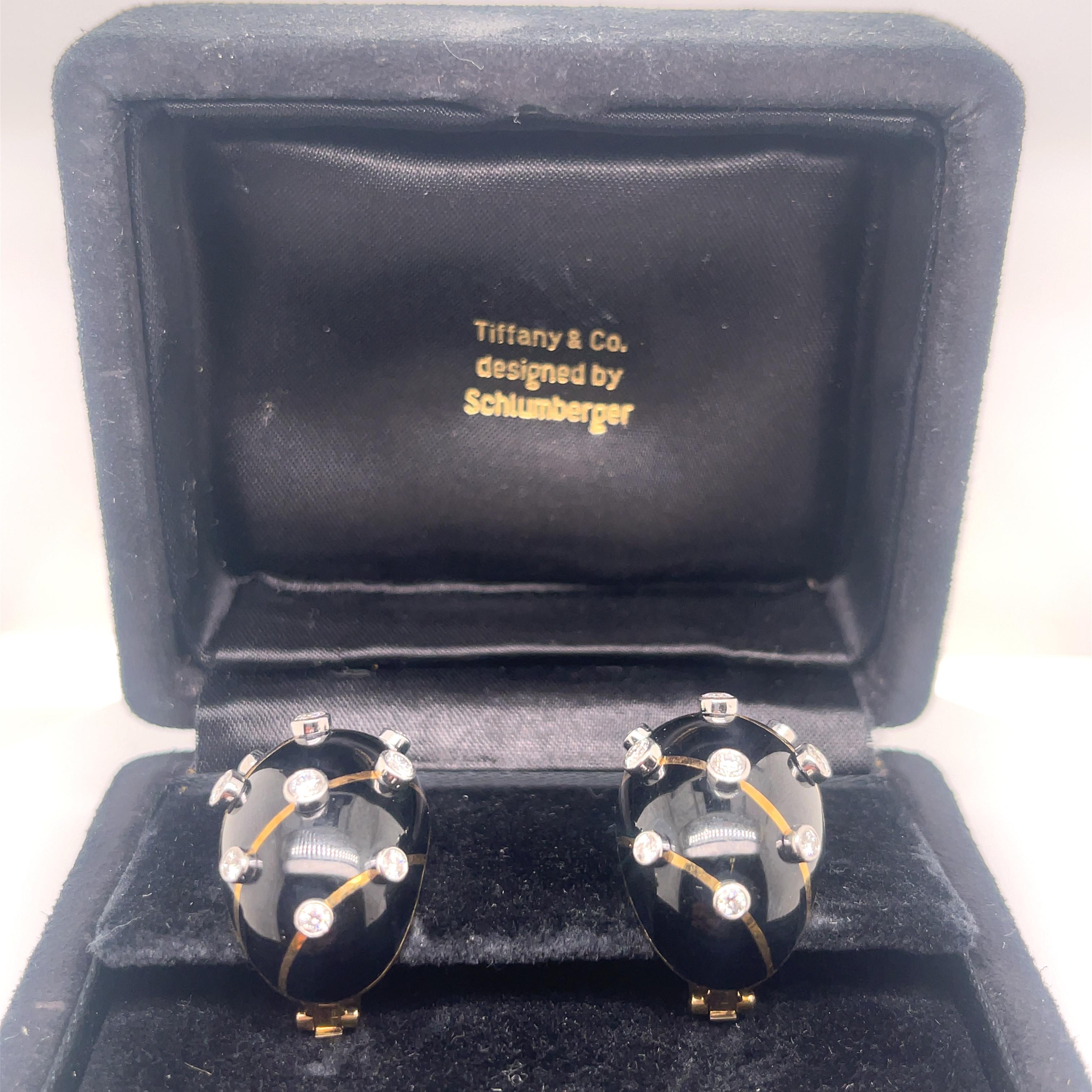 Round Cut Schlumberger for Tiffany & Co. Diamond and Black Enamel Earrings For Sale