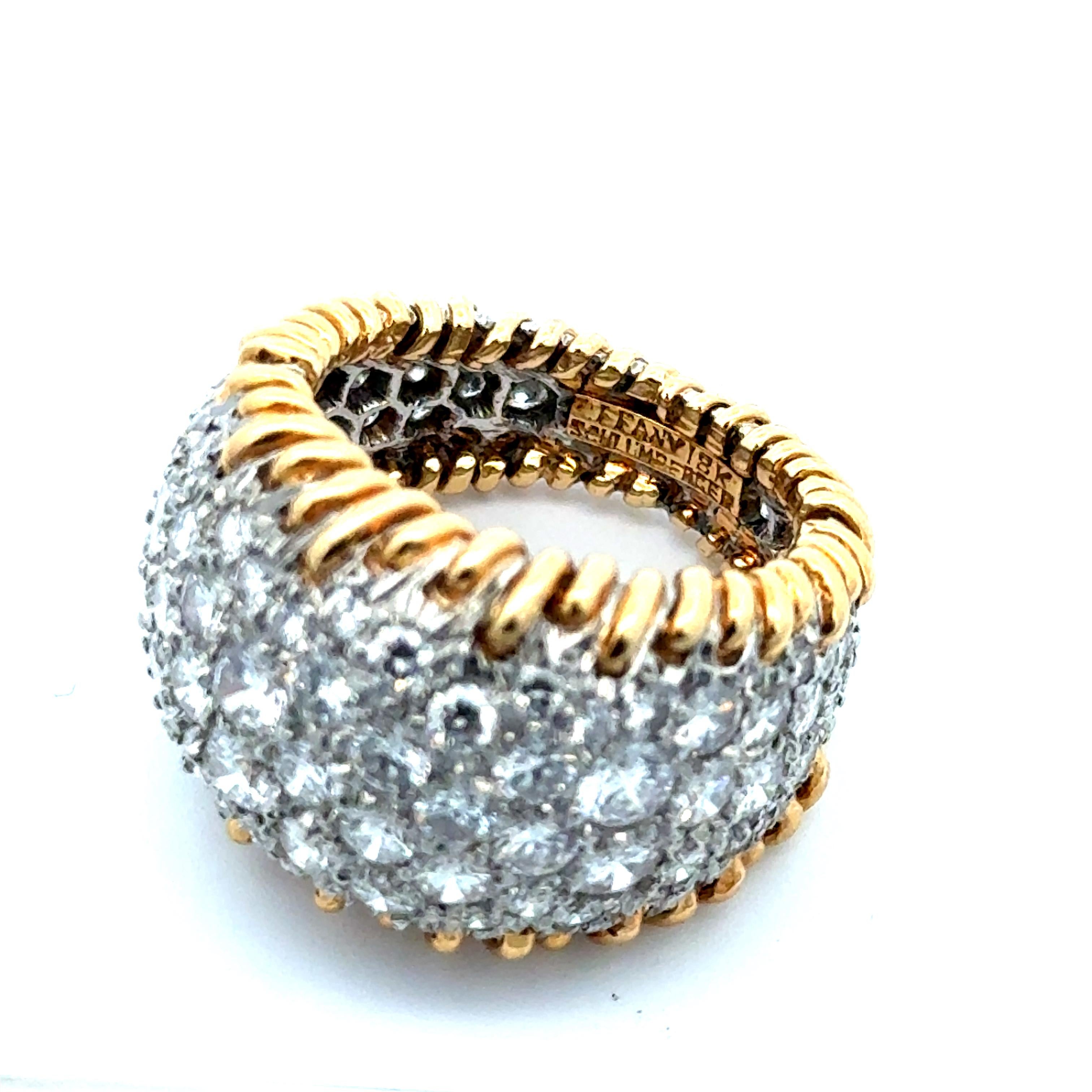 Schlumberger for Tiffany & Co. Diamond Stitches Ring in 18K Gold. The ring features approximately 3.5ctw of brilliant round diamonds (VS clarity, F/G color). The ring is size 4.25, 0.65