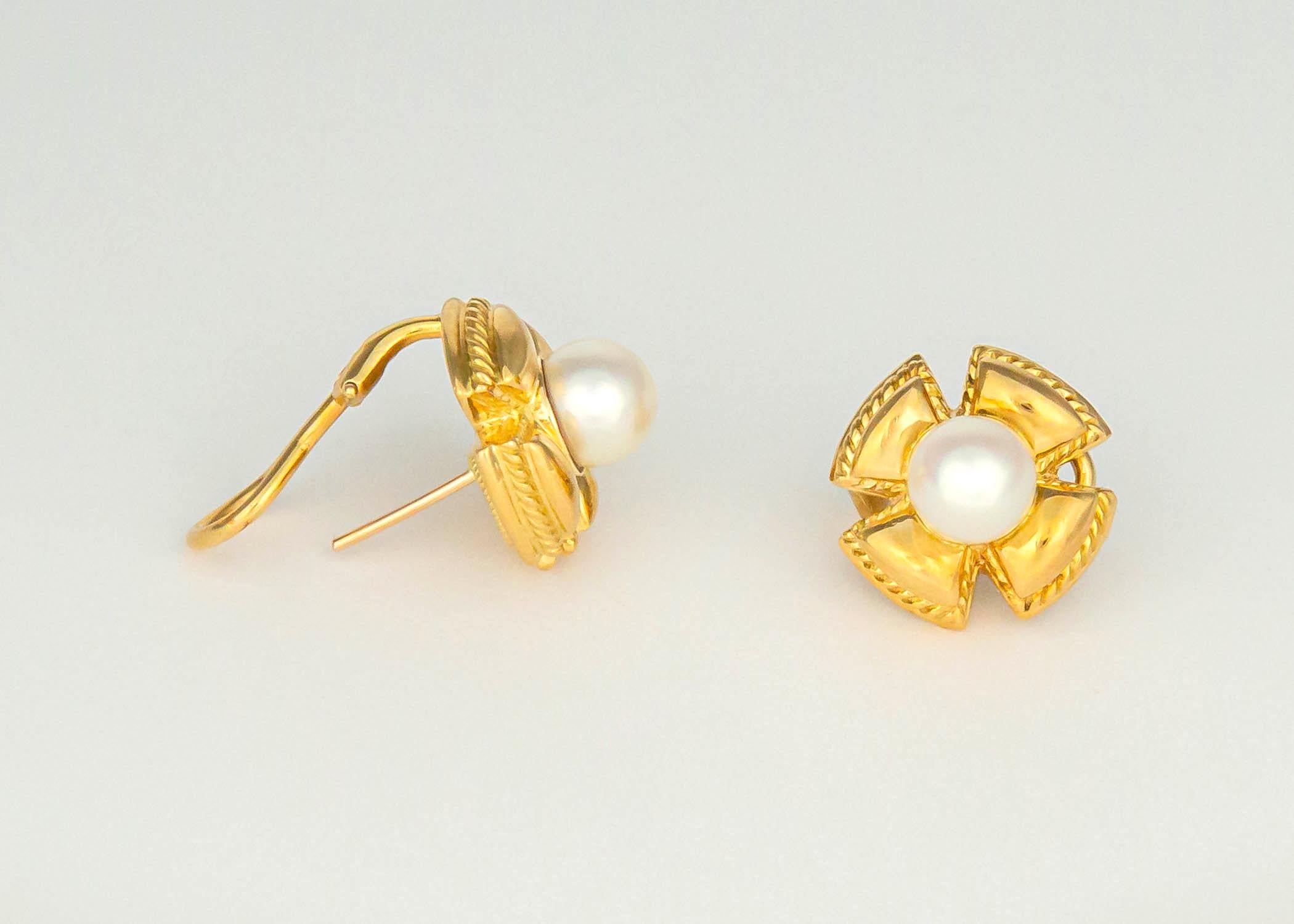 Round Cut Schlumberger for Tiffany & Co. Gold and Pearl Earrings