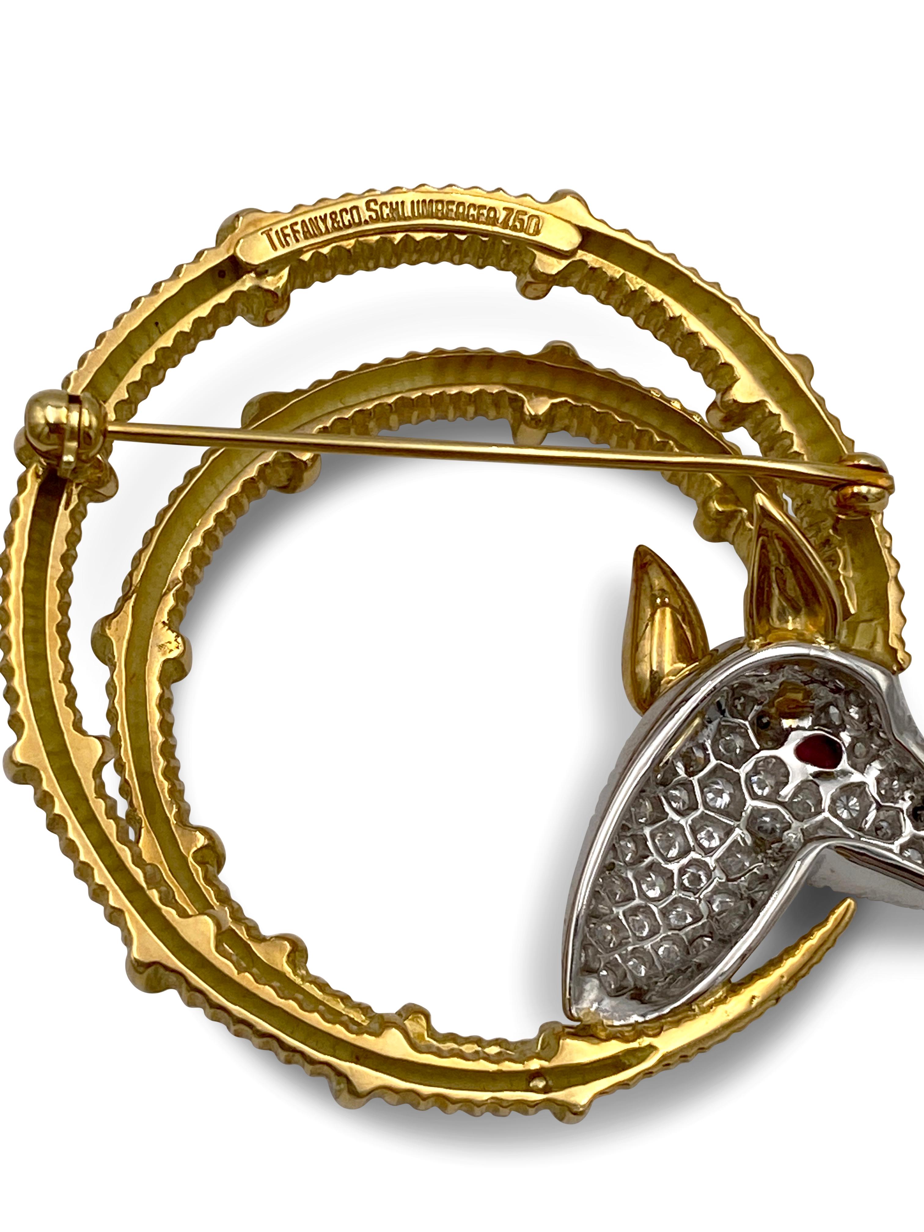 Brilliant Cut Schlumberger for Tiffany & Co. Gold Platinum and Diamond Ibex Ram Head Brooch