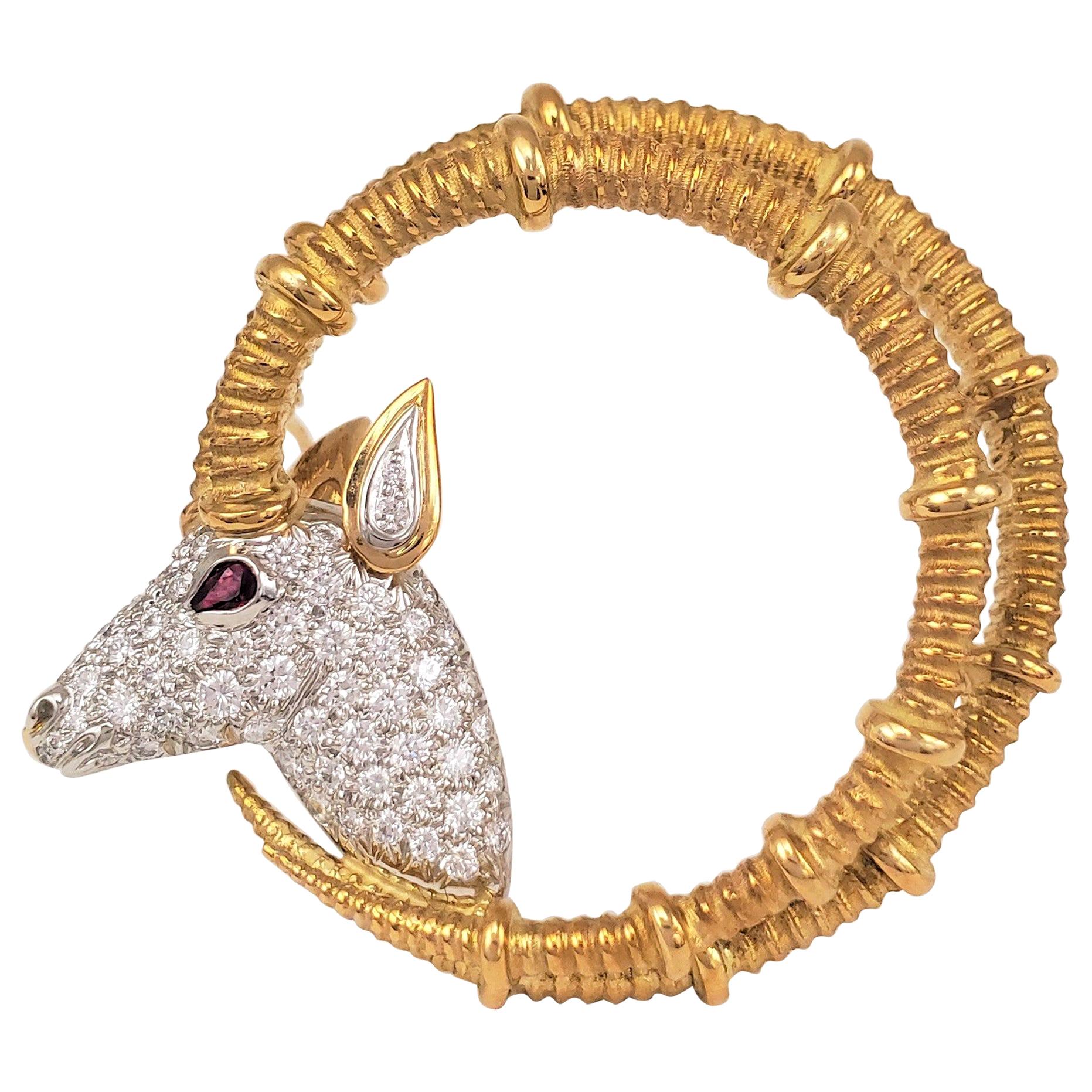 Schlumberger for Tiffany and Co. Gold Platinum and Diamond Ibex Ram Head  Brooch at 1stDibs