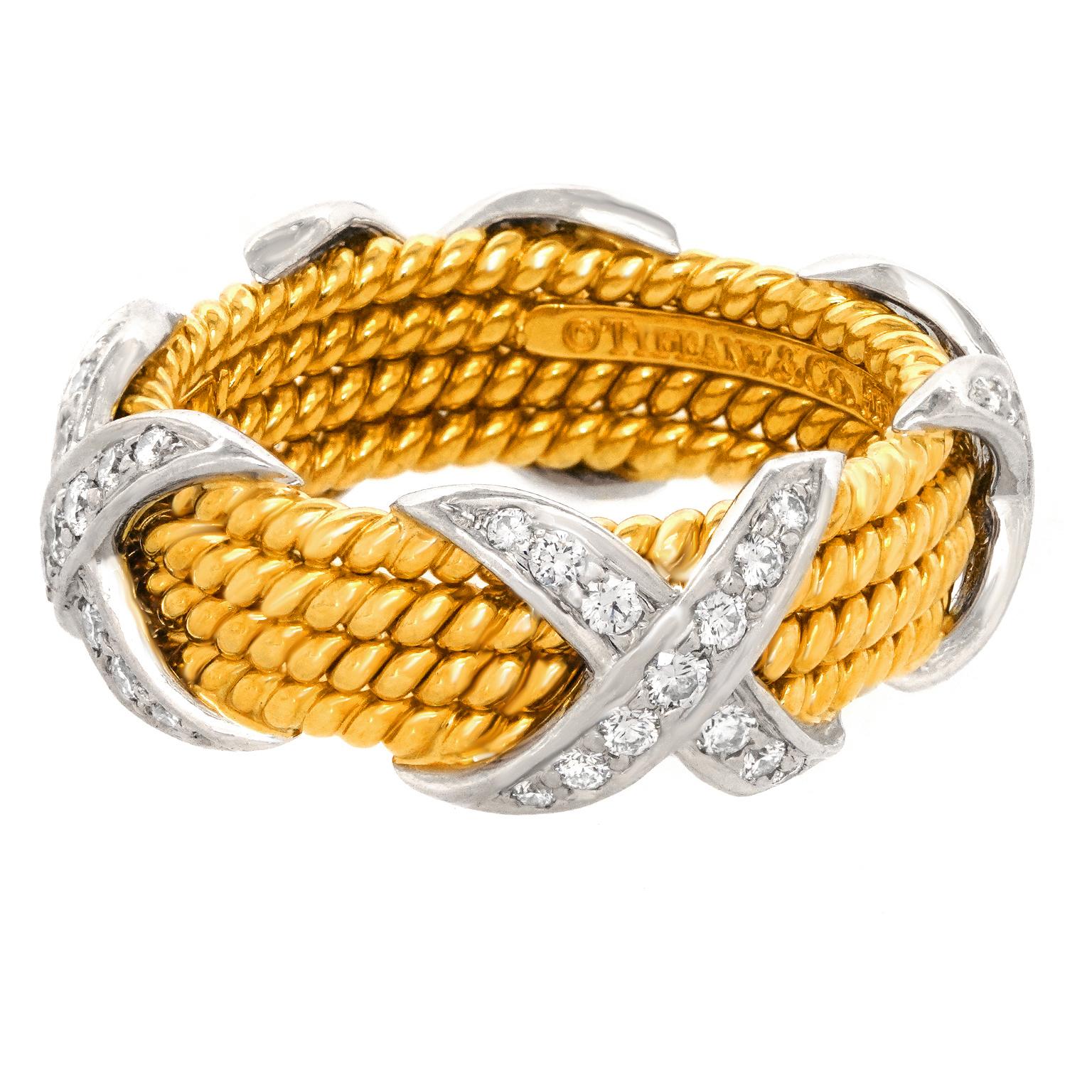 Taille ronde Schlumberger pour Tiffany & Co. Bague à quatre rangées de diamants en vente