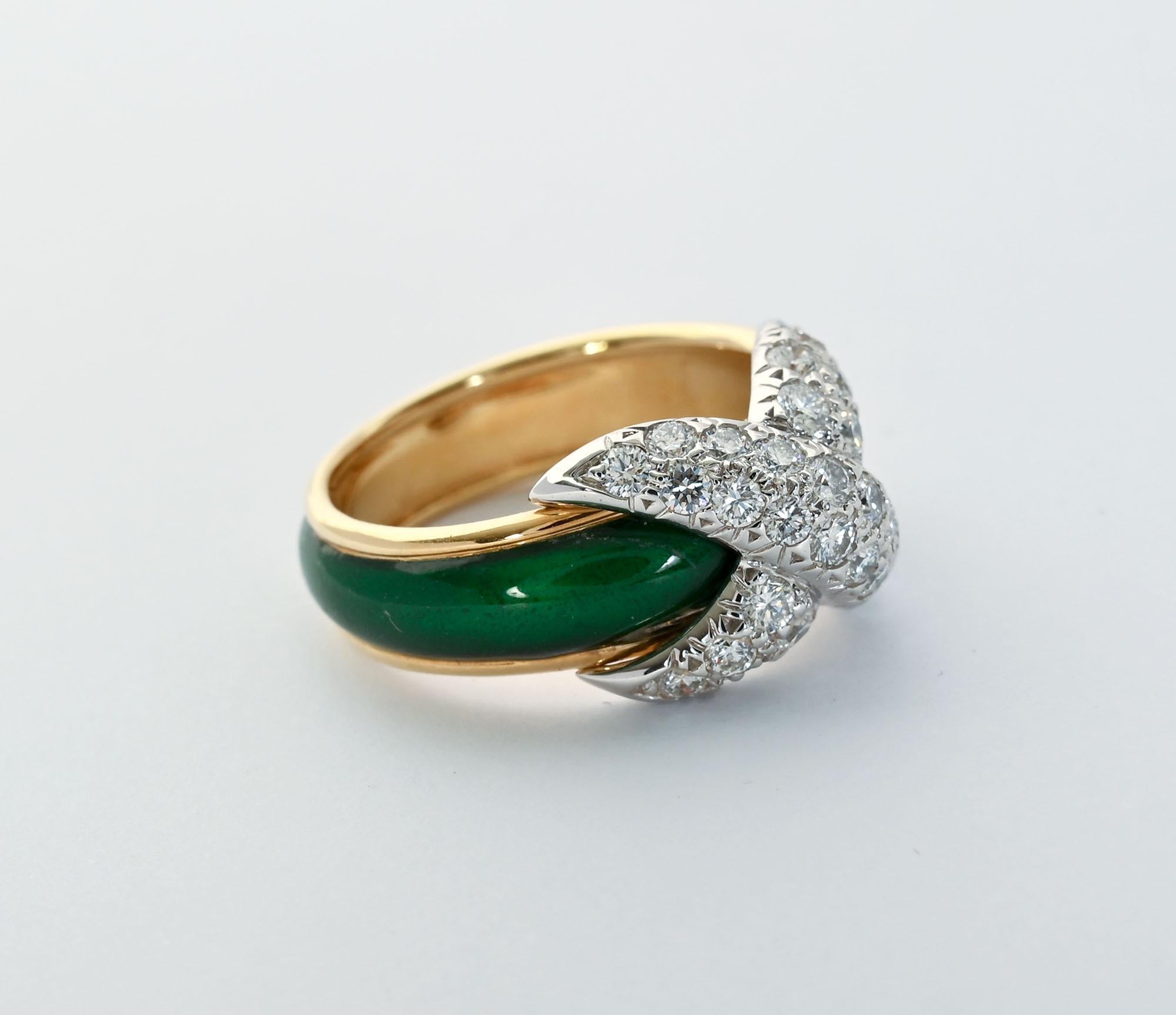 Elegant pave X ring by Schlumberger for Tiffany. The green enamel is in excellent condition. The ring is size 6 3/4. The front is 3/8 