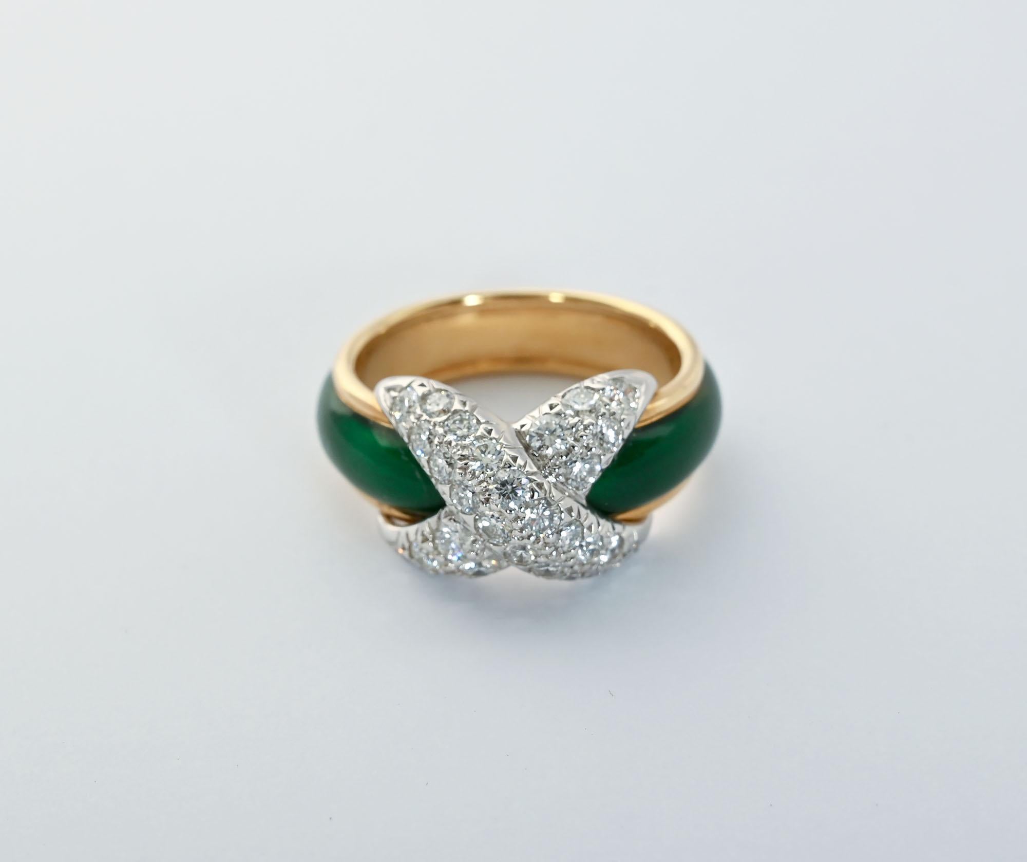 Contemporary Schlumberger for Tiffany Pave X Ring with Enamel