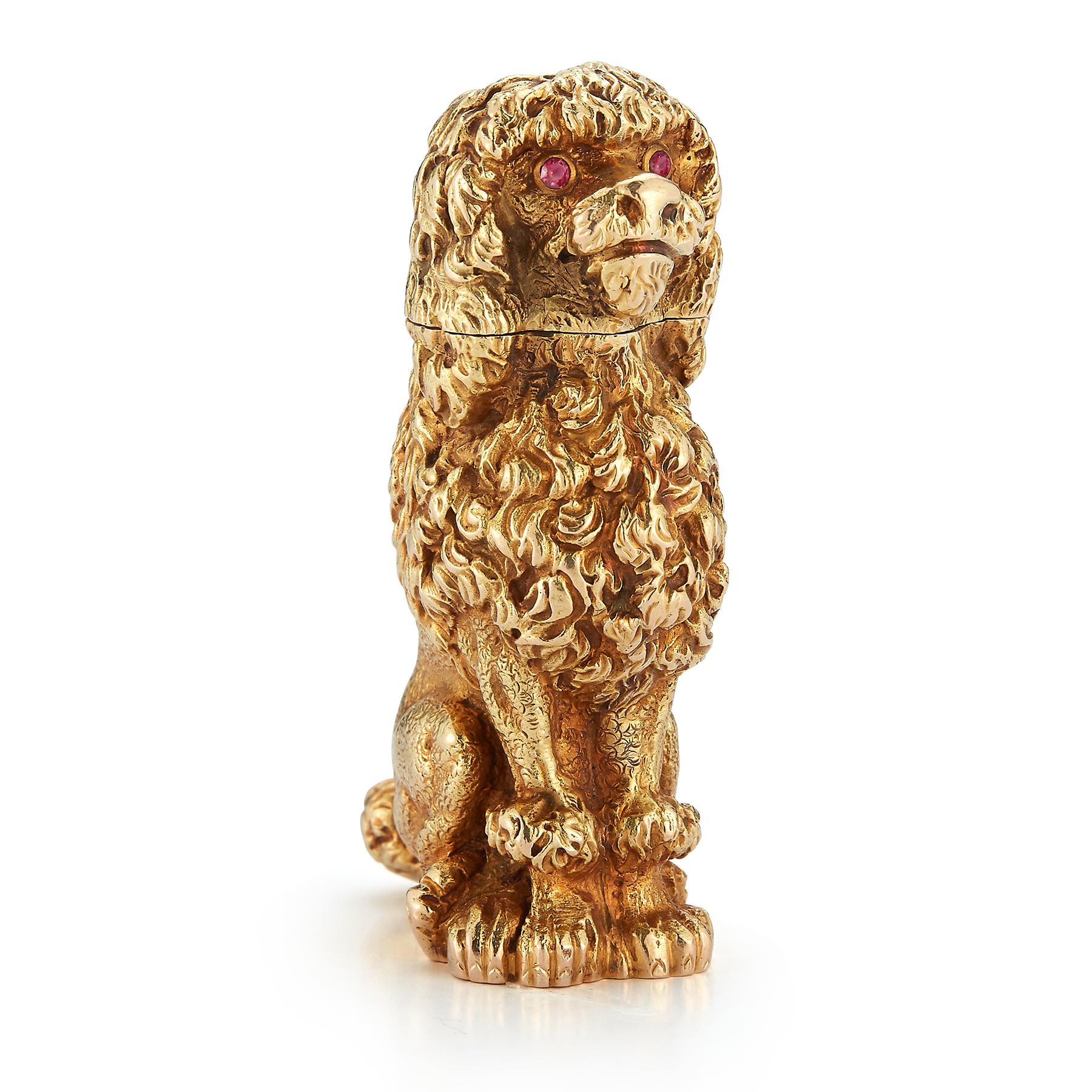Schlumberger Gold Poodle Lighter , 18k carved gold with ruby eyes .Circa 1950

Measurements: 5.5 x 3.3 x 2.1 cm

Gram Weight: 47.3 grams 

Gold Type:  14k yellow gold

Signed, Schlumberger 