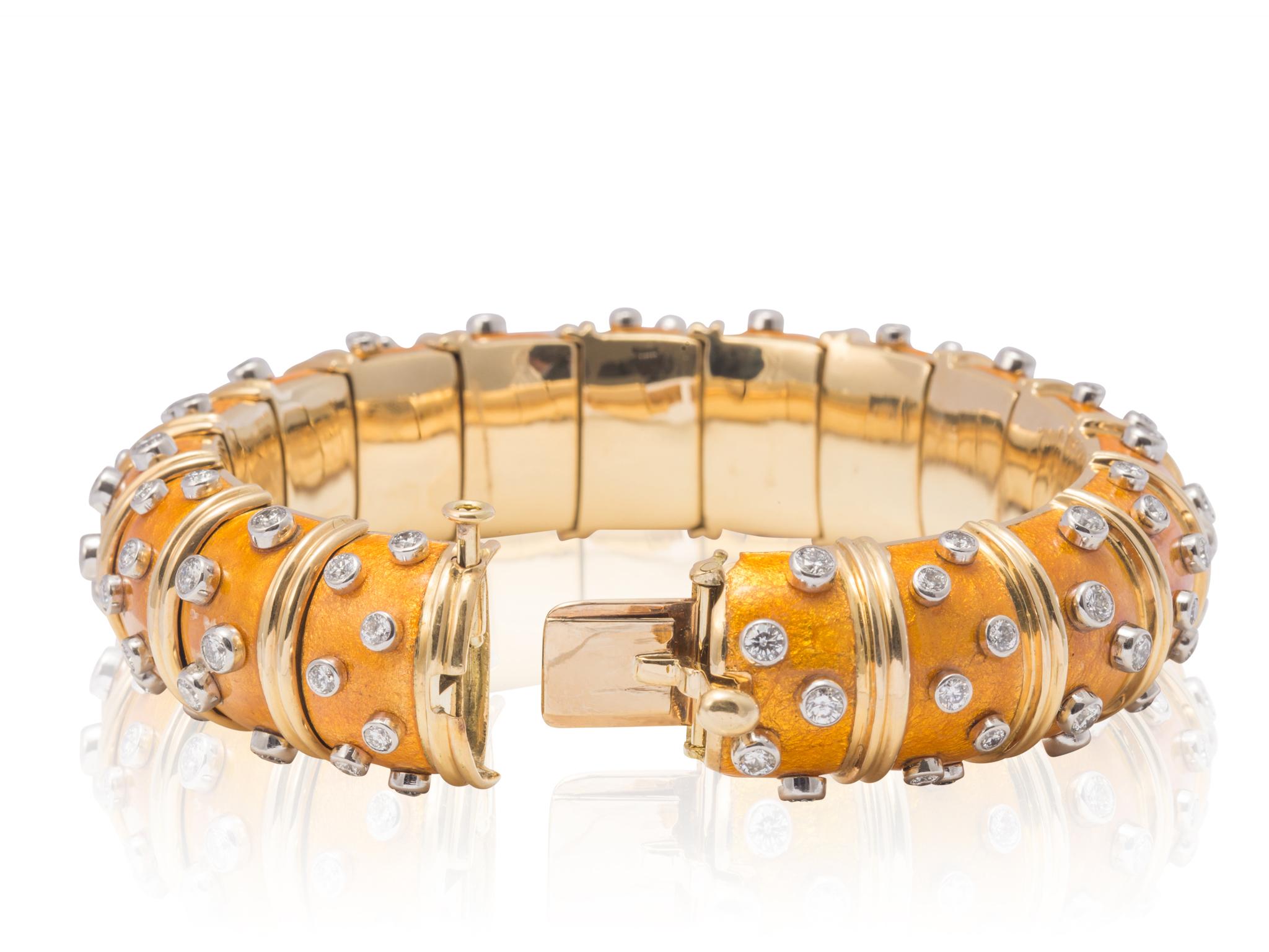 Retro Schlumberger Golden Enamel Paillonne Bracelet with Diamonds For Sale