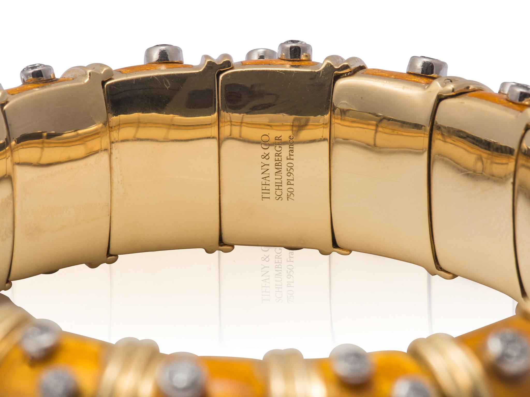 Round Cut Schlumberger Golden Enamel Paillonne Bracelet with Diamonds For Sale