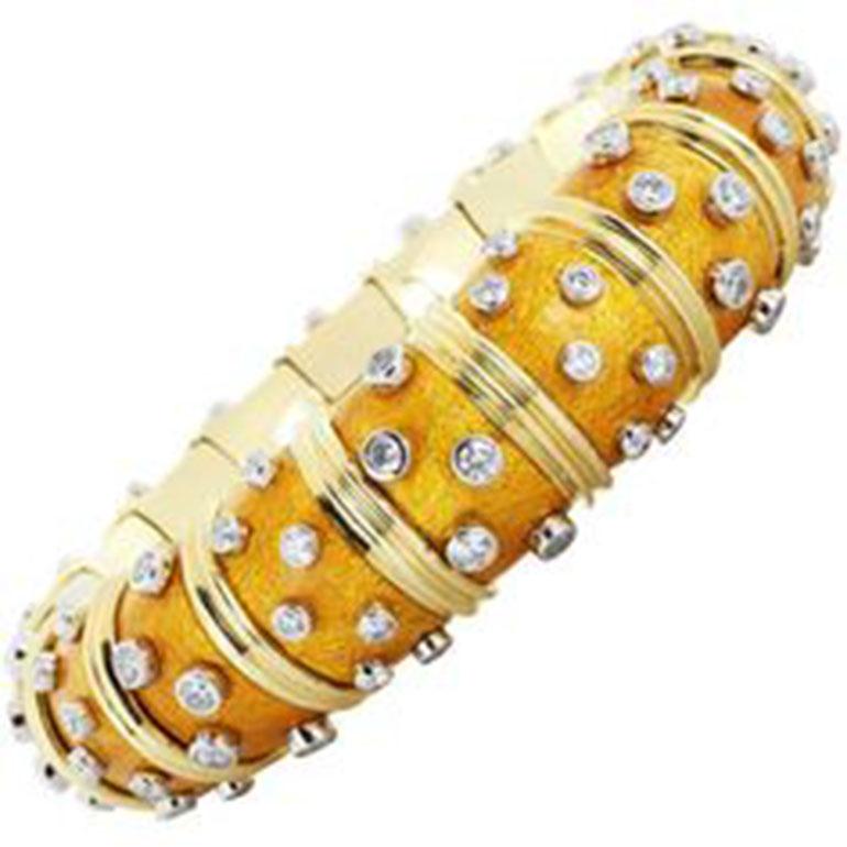 Schlumberger Golden Enamel Paillonne Bracelet with Diamonds For Sale