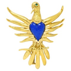 Vintage Schlumberger Lapis Lazuli Emerald 18 Karat Yellow Gold Phoenix Heart Brooch