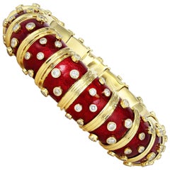 Schlumberger Red Enamel Paillonne Bracelet with Bezel Set Diamonds