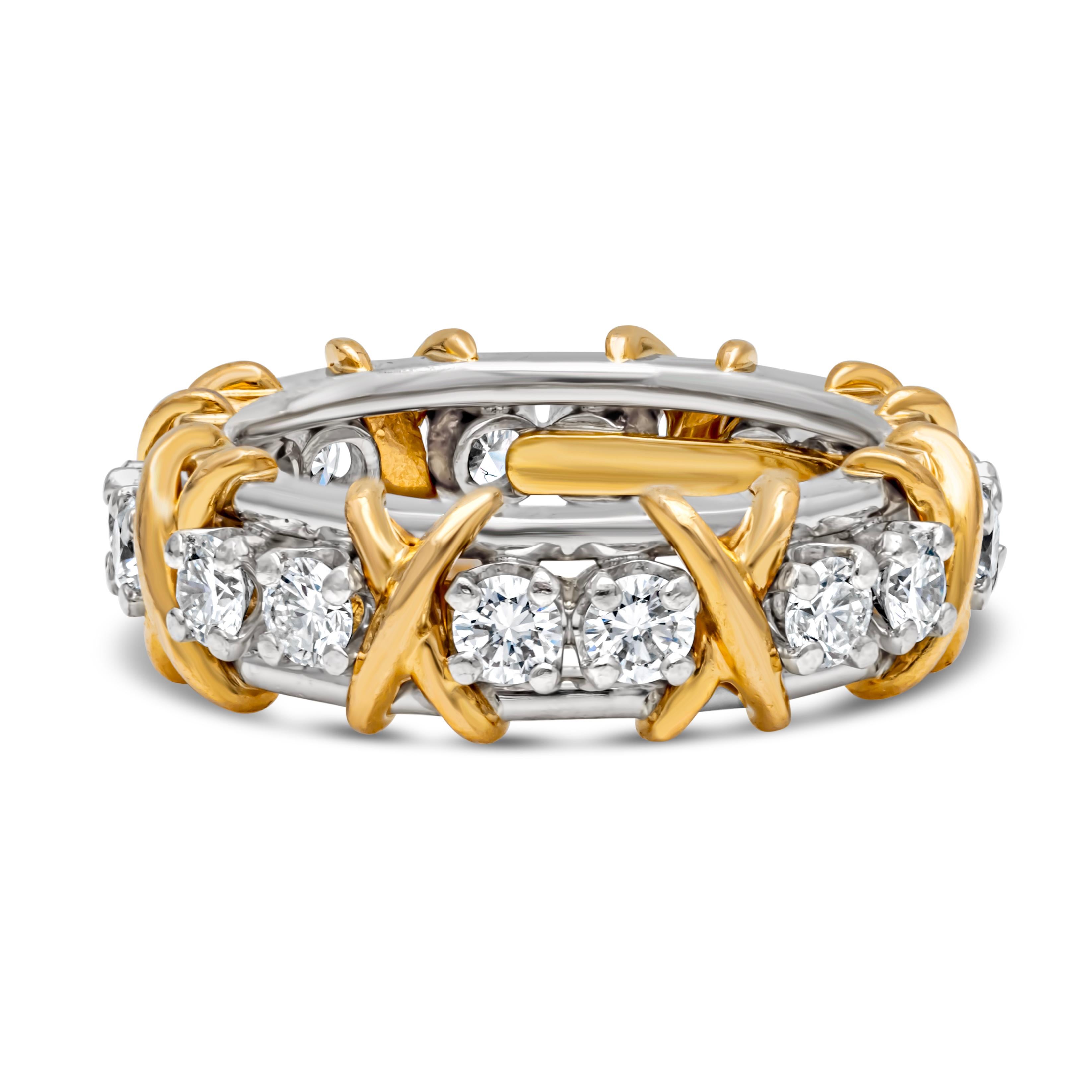 Signed by Tiffany & Co., a beautiful and elegant eternity band showcasing 1.14 carats total round diamond, set in a four prong setting. Eternity set in an open gallery setting and finely made with Platinum band and 18K Yellow Gold 