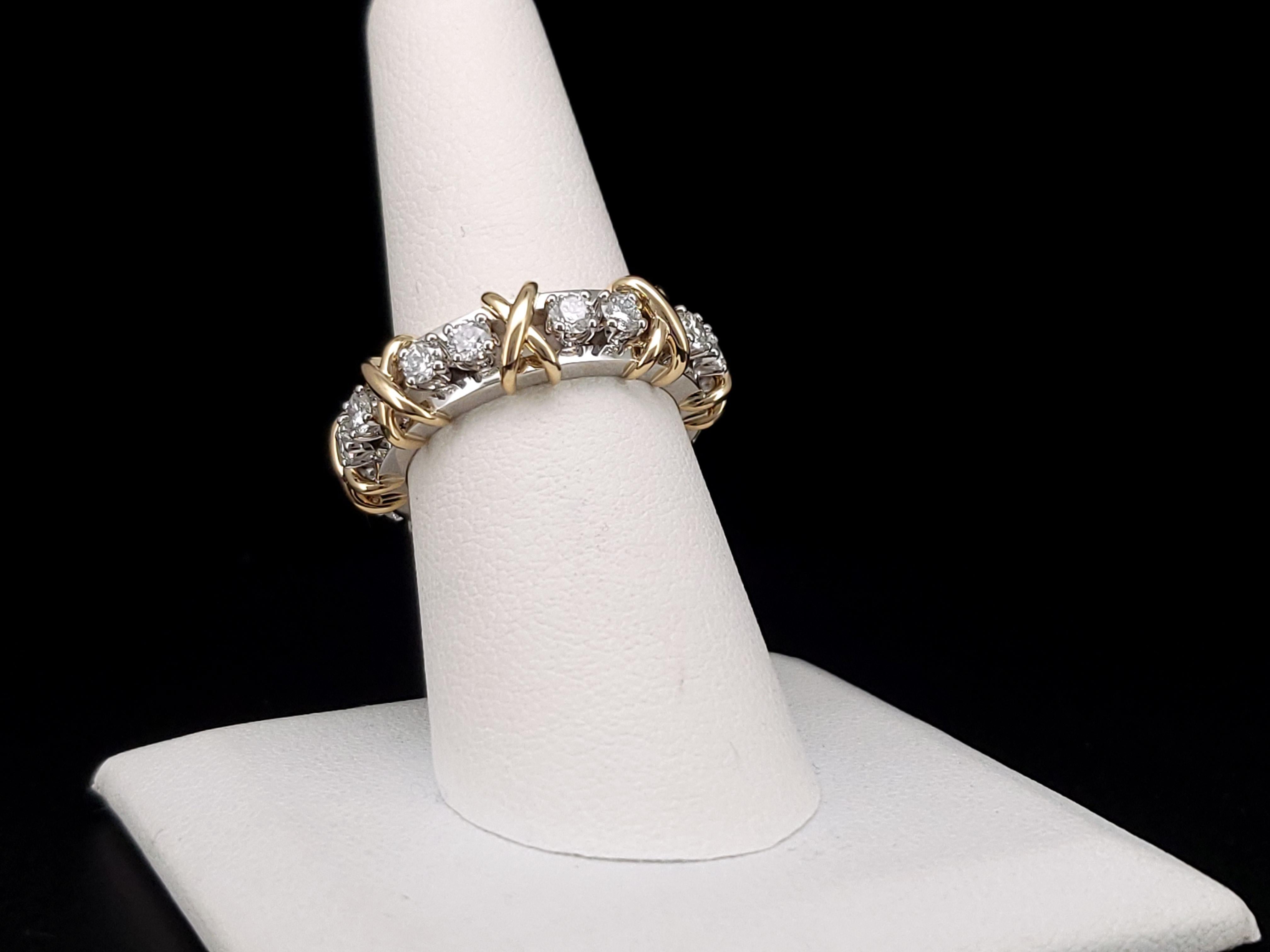 Brand Tiffany & Co
Sixteen Stone Ring
18K Yellow Gold & PT950
Ring Size 8
Ring Width 26mm
Thickness 5.3mm 
Main stone Diamond
Carat total weight 1.14ct
Diamond clarity VS
Color Grade F-G
Weight 12.2gr
Condition like-new, pristine

Retail Price: