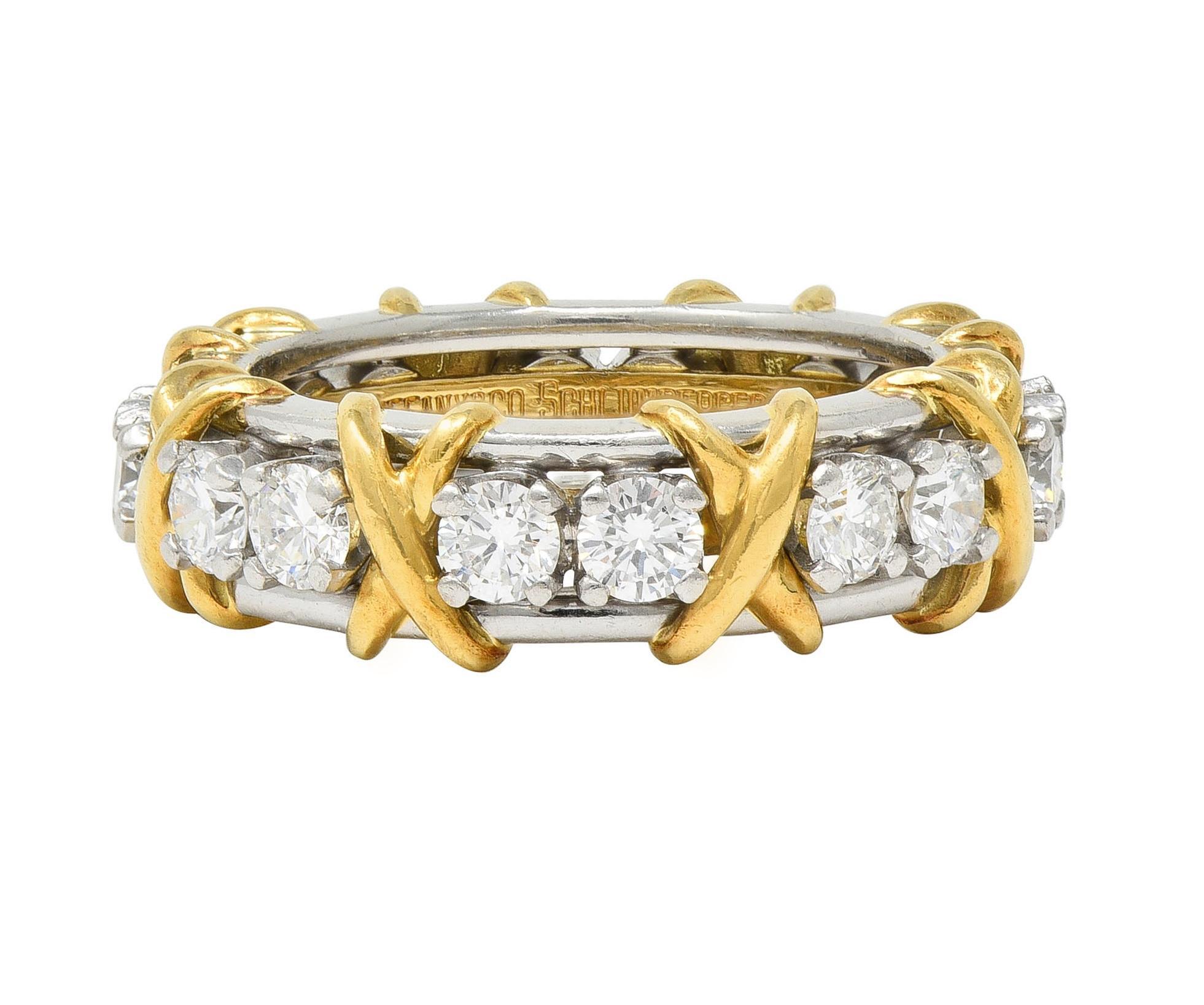 Brilliant Cut Schlumberger Sixteen Stone Tiffany & Co. Diamond Platinum 18 Karat Gold X Ring