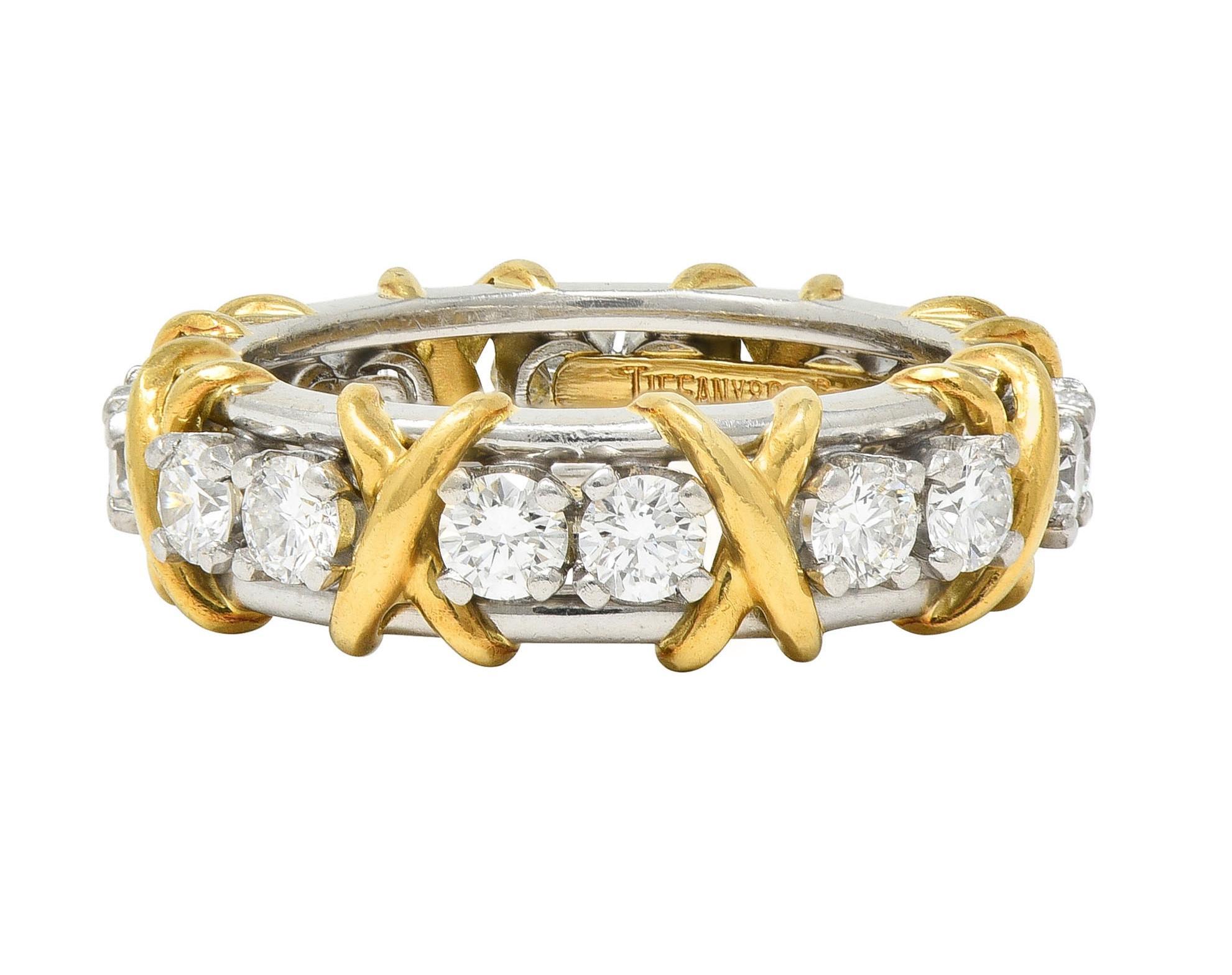 Schlumberger Sixteen Stone Tiffany & Co. Diamond Platinum 18 Karat Gold X Ring 1