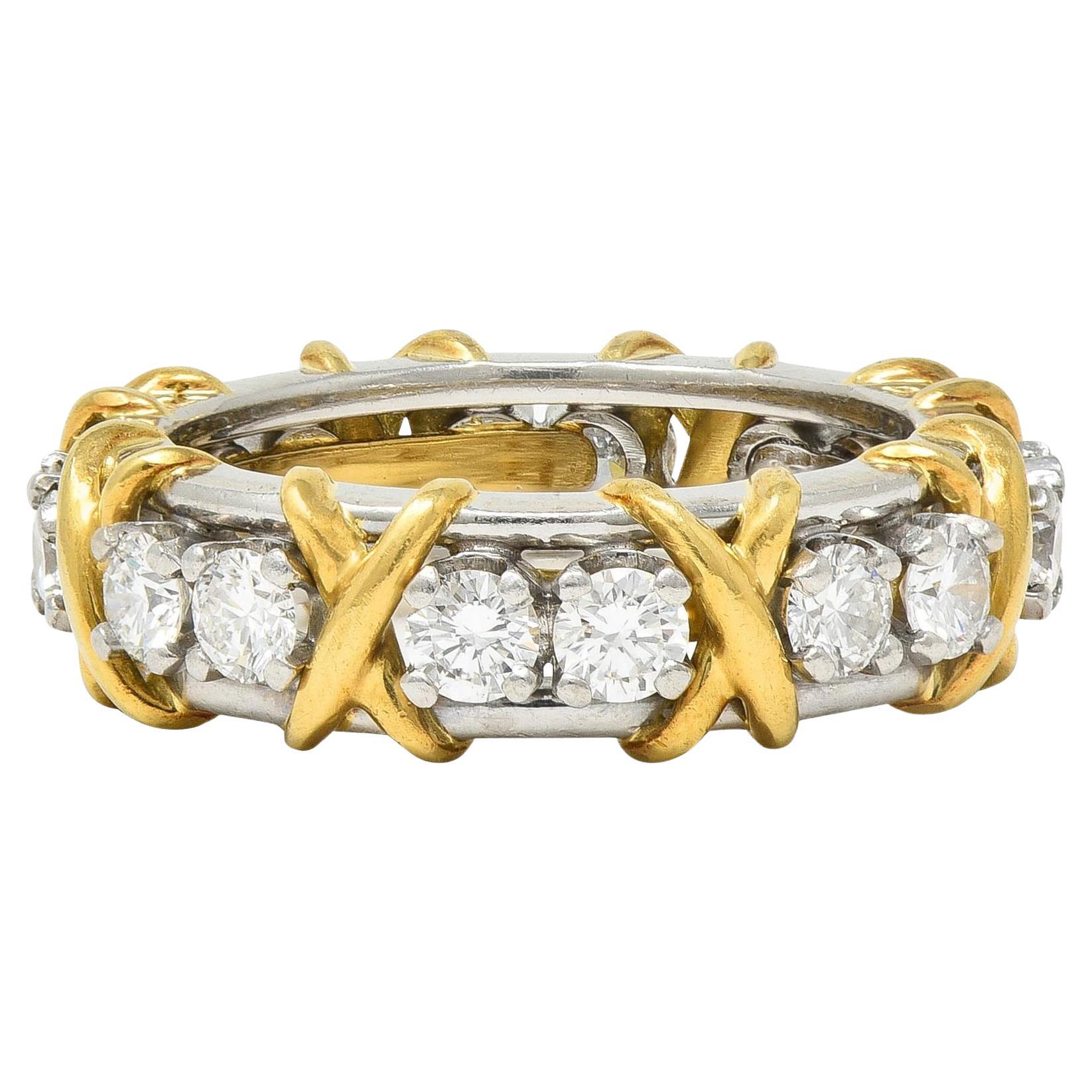 Schlumberger Sixteen Stone Tiffany & Co. Diamond Platinum 18 Karat Gold X Ring