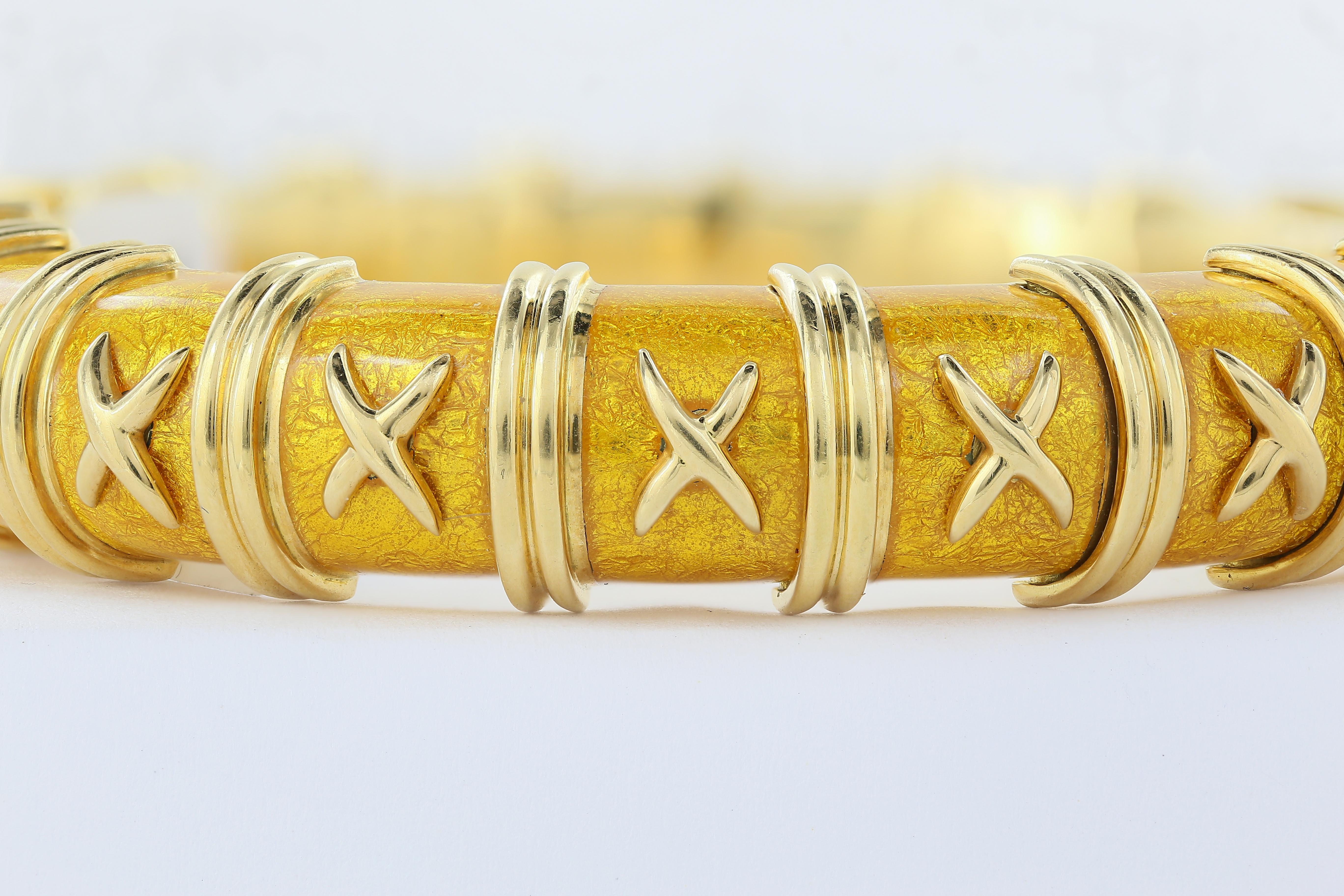 Estate 18 karat yellow gold enamel Tiffany & Co. Schlumberger bangle bracelet size 13mm wide